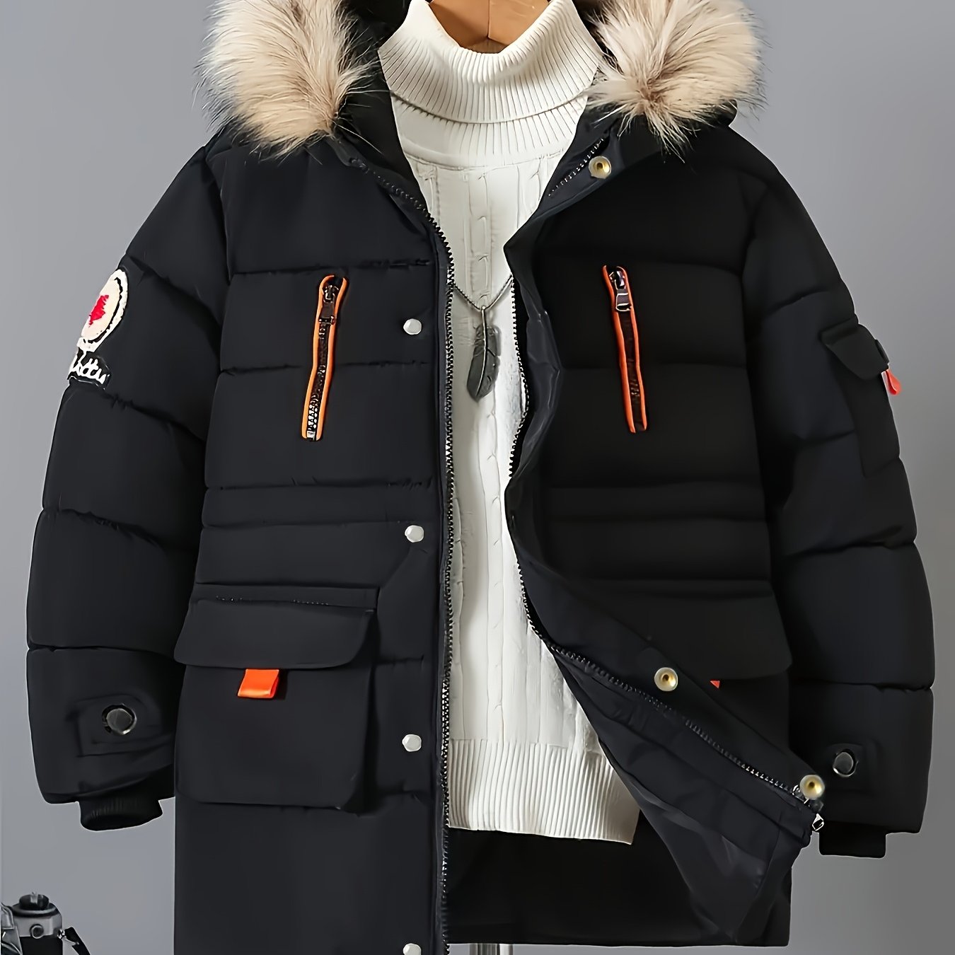 Winter Hooded Warm Jacket, Casual Polyester Outerwear, Sizes 8-13 Years, Detachable Hood, Perfect For Cold Weather Outdoor For Cold Warm Jacket Outerwear