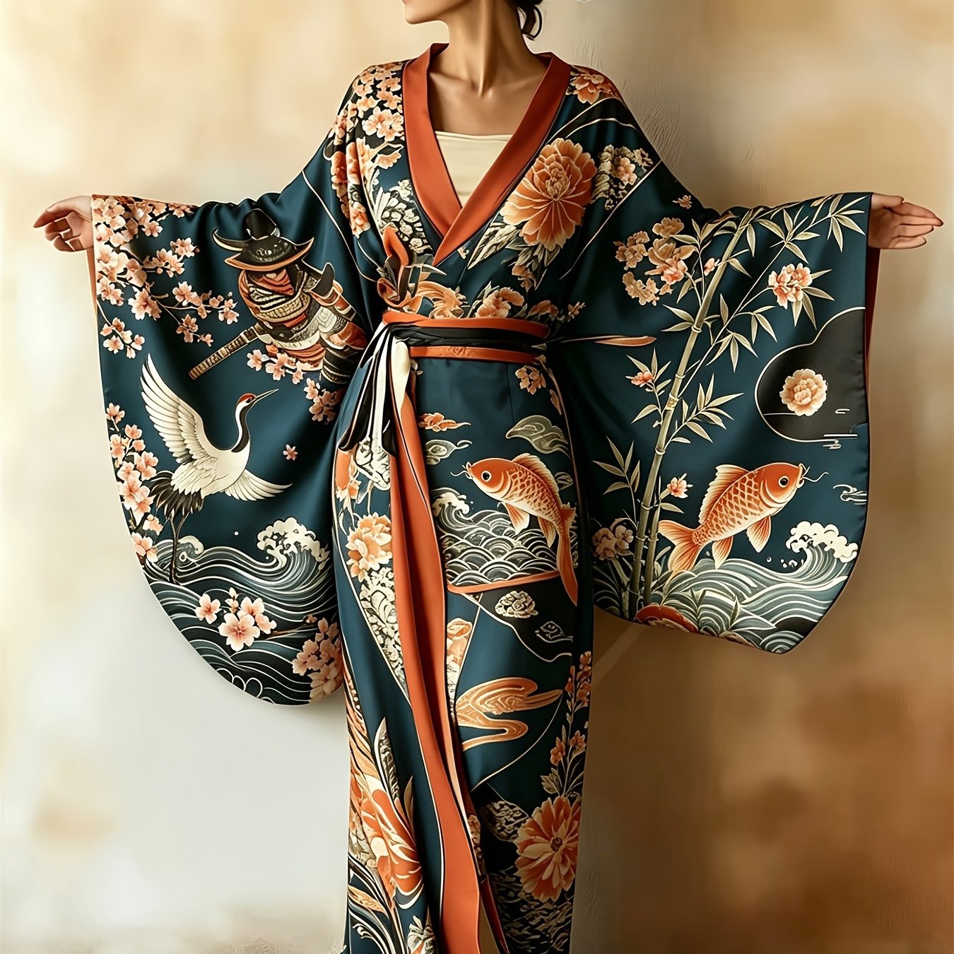 Women's Elegant Kimono Robe Dress, Japanese -, Wide-sleeved Bathrobe With A Wide Belt, Long Sleeves, Machine Washable, Perfect For Casual Wear, Beach, Home, And Vacation
