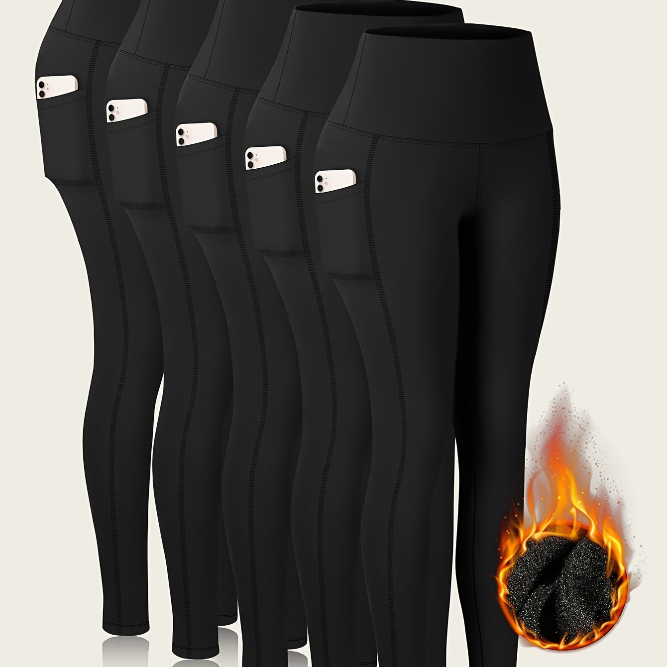 Image of Developed For East: 5pcs Set Of Autumn/winter -lined Leggings With 2 Pockets, Suitable For Outer Wear During And S