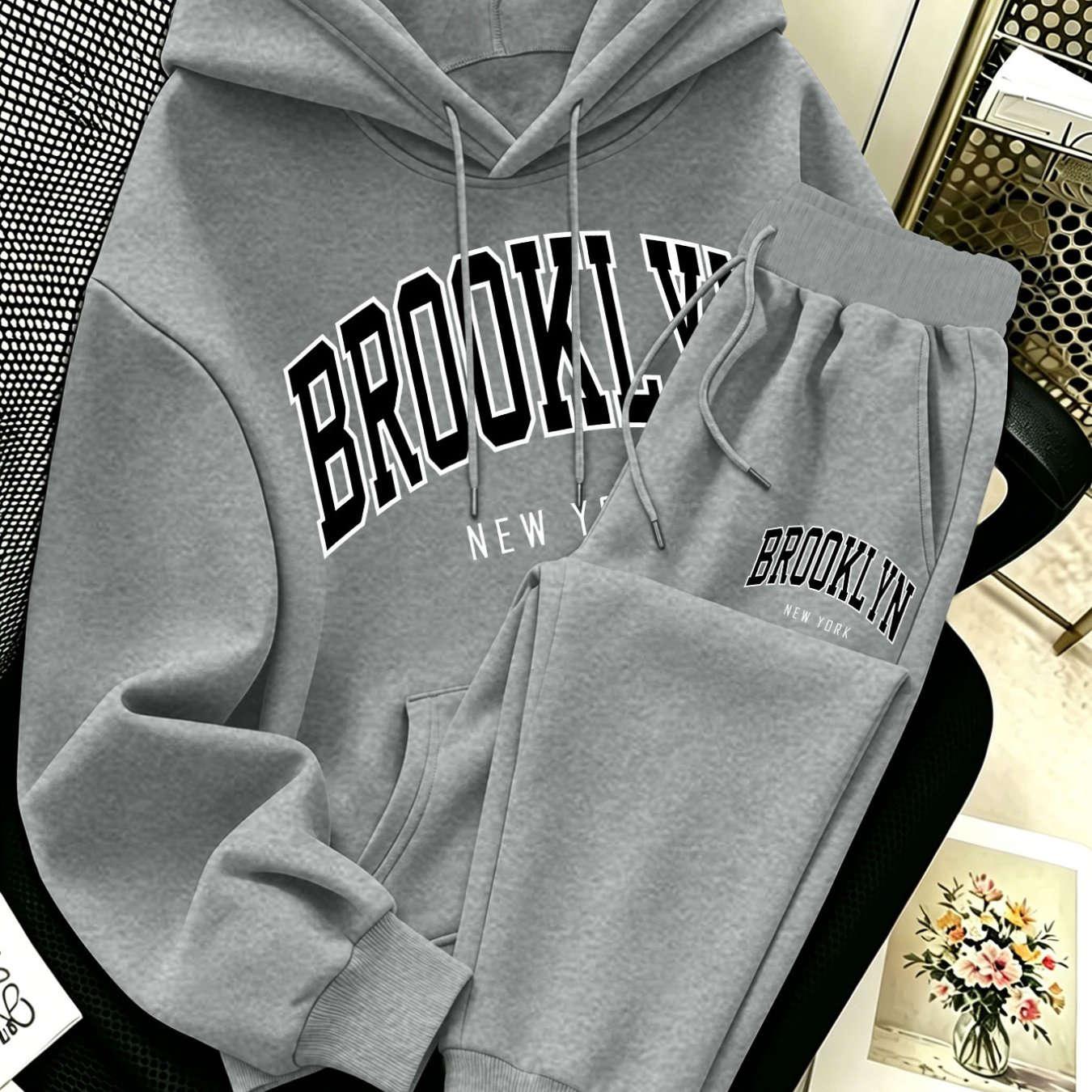 TEMU Plus Size - [directional Extension] Plus Size Brooklyn Printed Pattern Women's Set Including Hooded Sweatshirt And Pants Comfortable Fabric