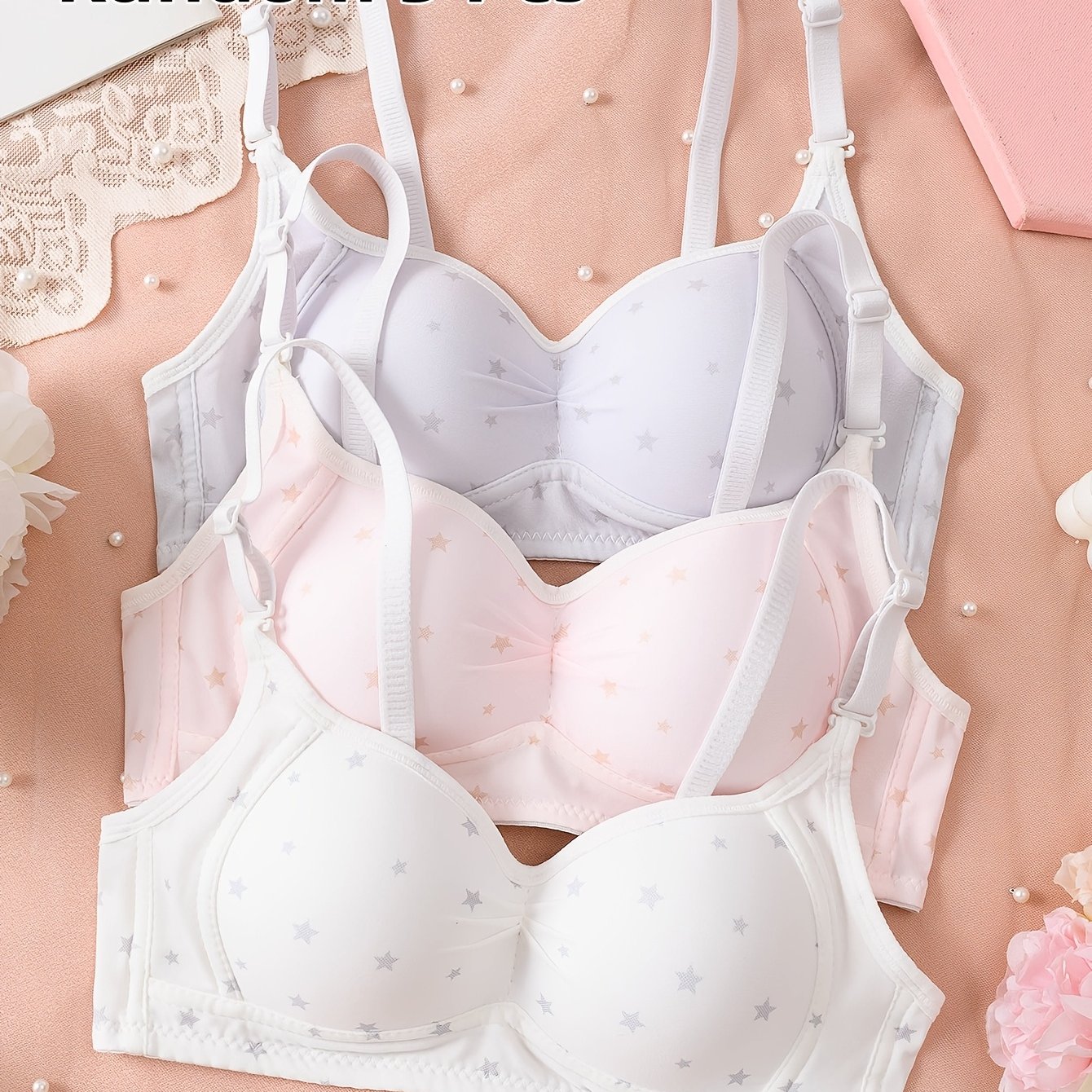 Image of Random 3pcs Set Girls' Bra, Wire-free Comfortable Underwear With Non-removable Padding, Skin-friendly, Breathable, And Comfortable Bra, Adjustable Straps, , Suitable For Teen Girls Aged 11-16