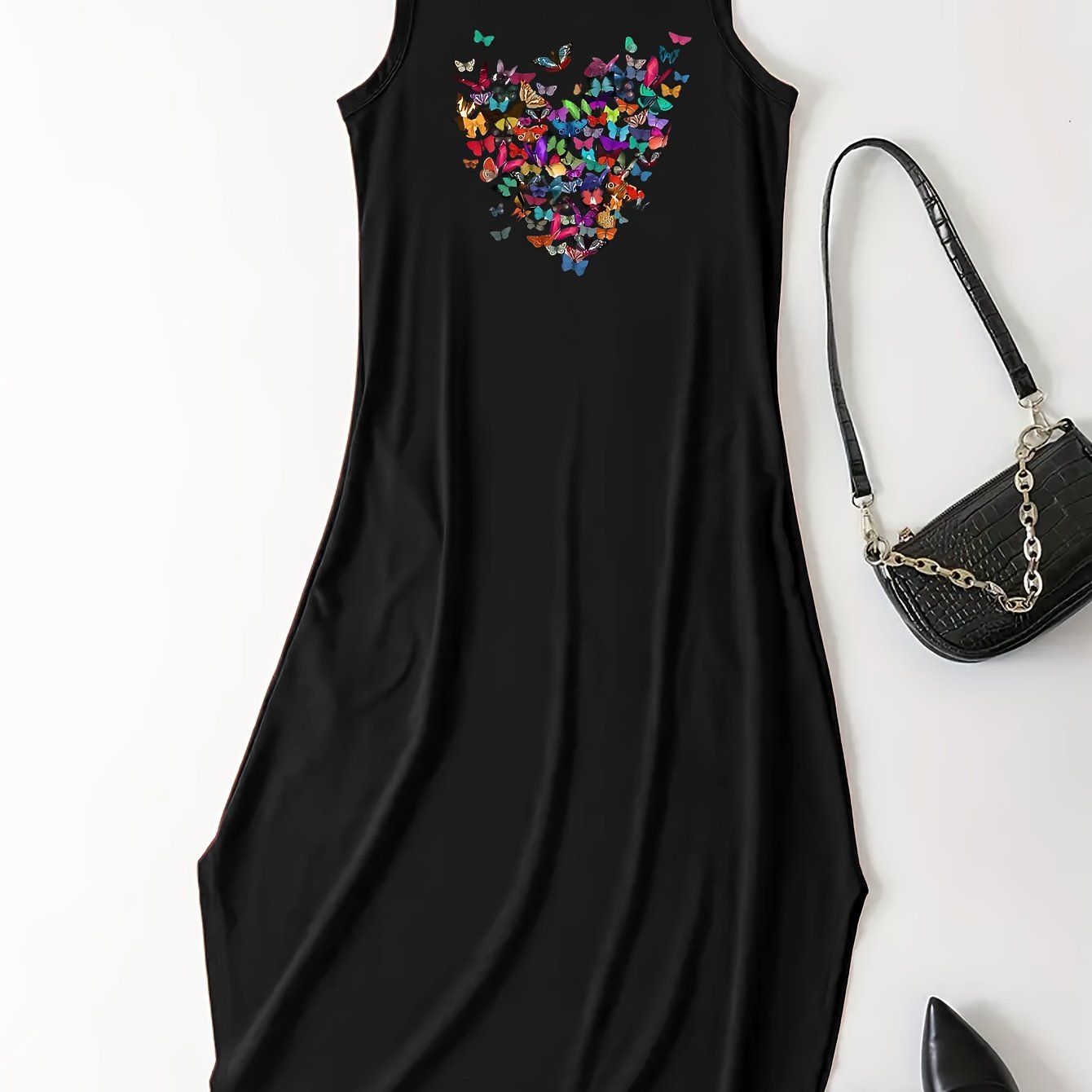 TEMU Vestido con estampado de corazones, vestido largo casual sin con cuello , ropa de mujer