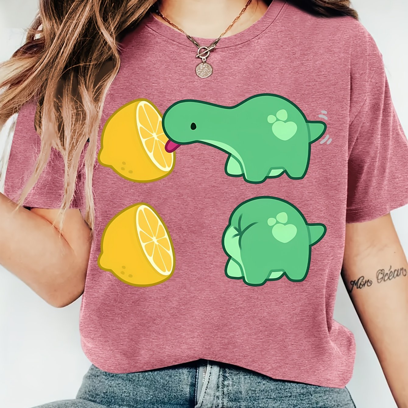 TEMU [spring And Summer New Arrivals] Women's Summer Clothing Featuring A Dinosaur Lemon Print Round Neck Short Sleeve T-shirt, Comfortable, Soft,