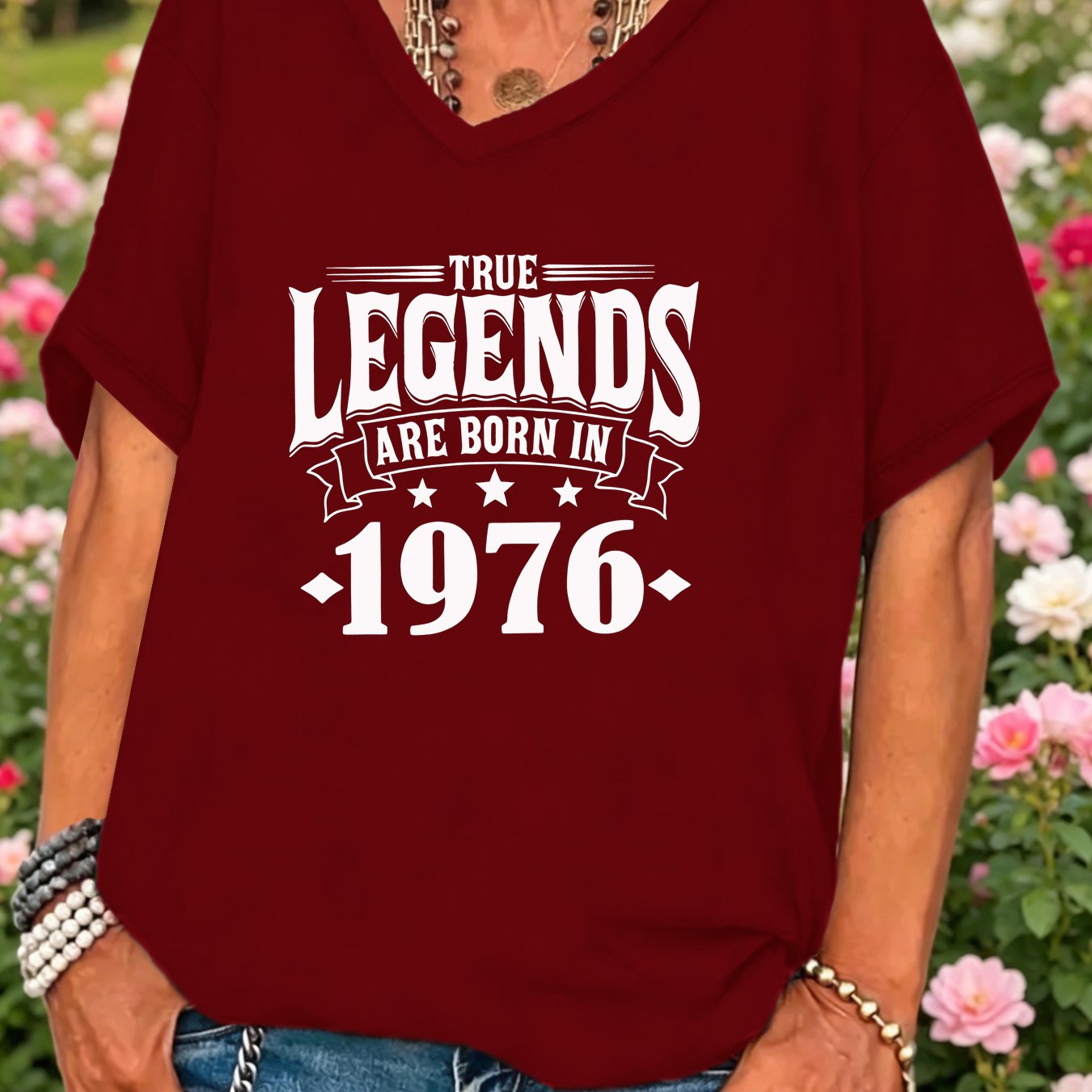 TEMU Plus Size - Plus Size - Are Born In 1976, Legend Born In 1976 Printed T-shirt, Plus Size 1xl To 8xl Letter Printed Text Pattern T-shirt, Women's