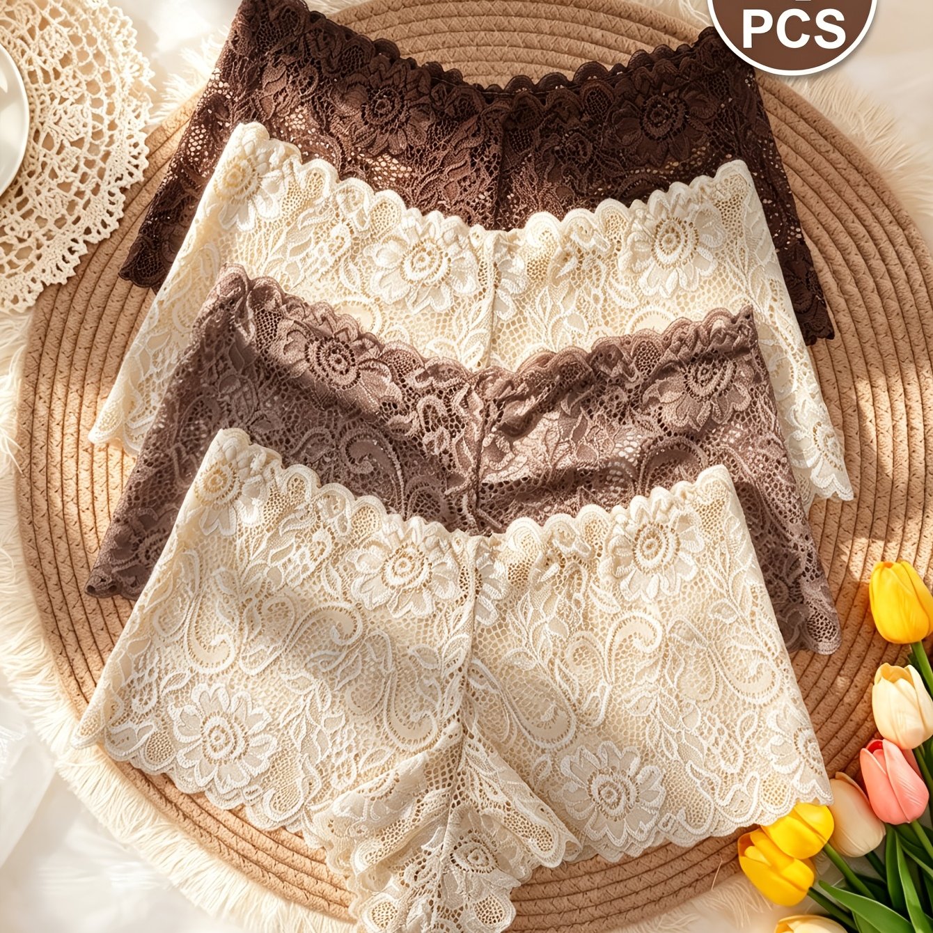 TEMU 4pcs Yincoco Women's Vintage Floral Lace Underwear - Mid-rise Soft Breathable Briefs With Safety Panties, Non-sheer Full Coverage Lace Panties