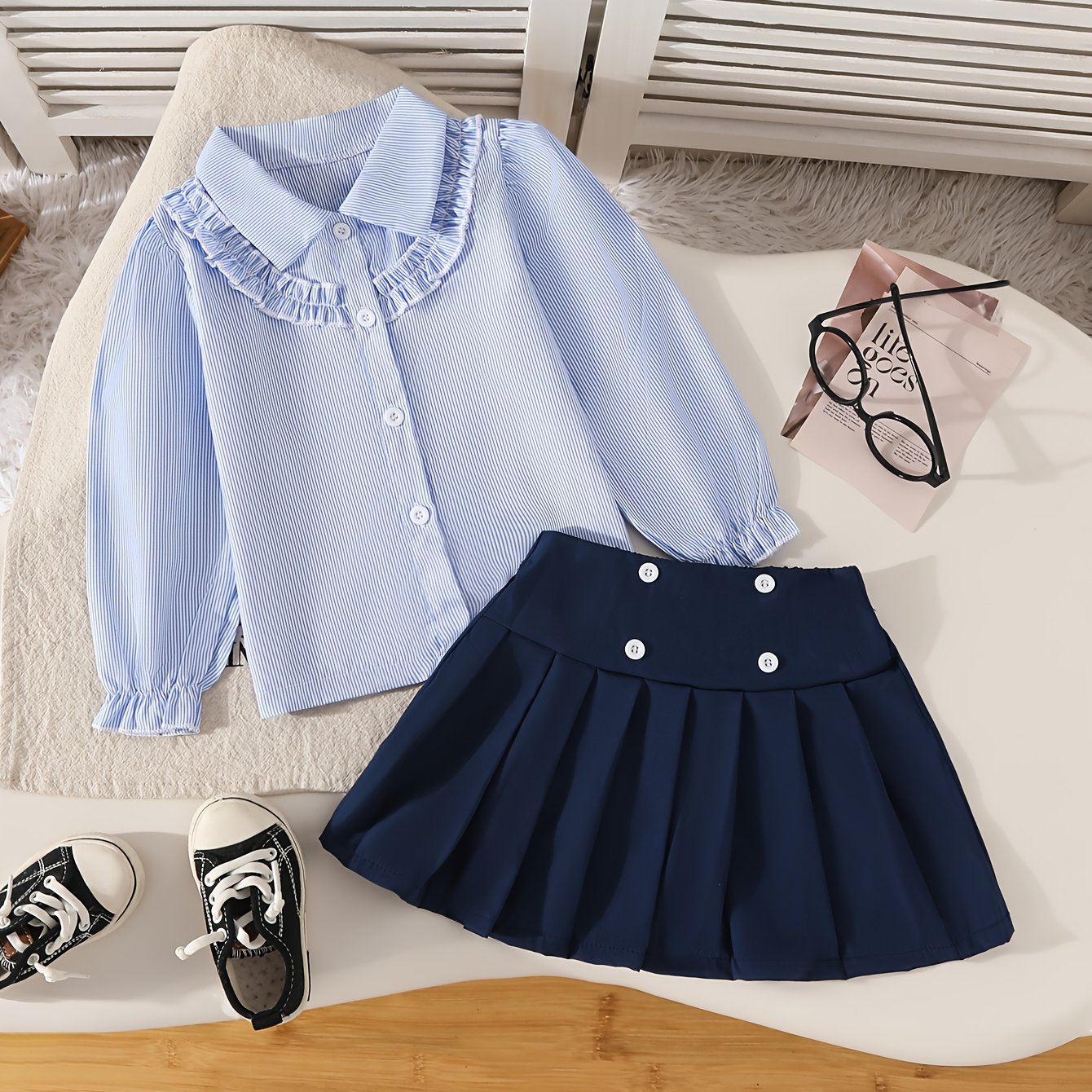 Image of 2pcs Girls' Fashion Casual Woven Striped Lace Bow Drawstring Long Sleeve Neck Top And Solid Pleated Skirt Set, Spring Style