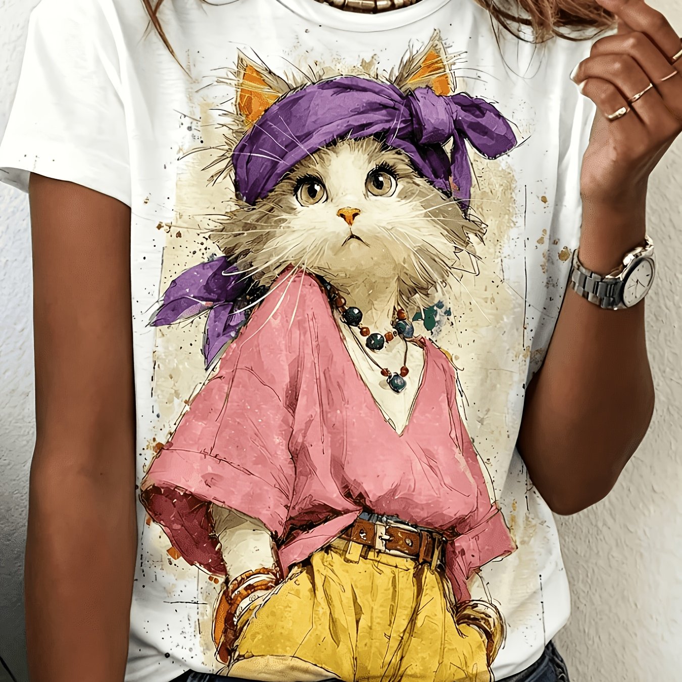TEMU Cute Cat Outfit" Women's Short-sleeve T-shirt With Artistic Graffiti Print, Niche Sweet-, Featuring A Fashionable Cute Cat Wrapped In Trendy