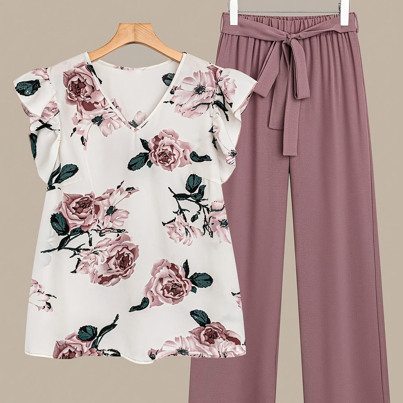 Image of Women's Elegant Floral Print Top And Belted Pants Outfit