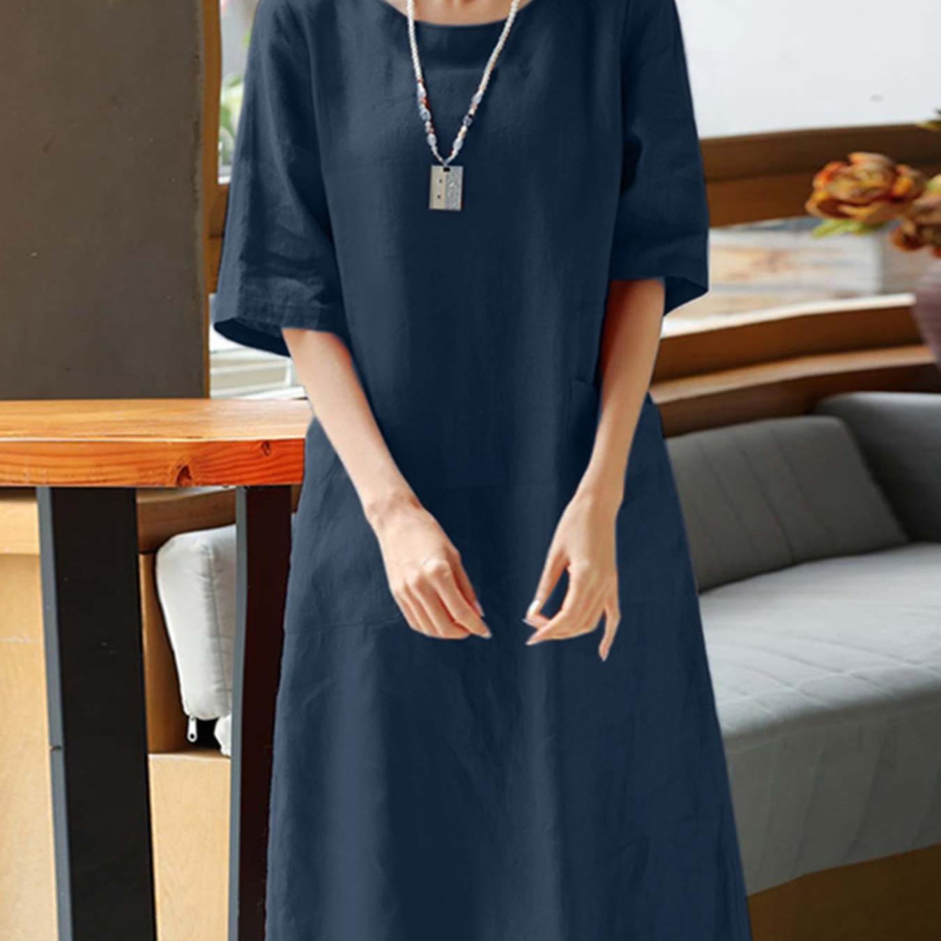 εικόνα αντικειμένου plus size - casual midi φόρεμα για γυναίκες σε μεγάλα μεγέθη, ελαφρύ, μονόχρωμο, με μανίκια, στρογγυλή λαιμόκοψη και τσέπες, διαθέσιμο σε plus sizes