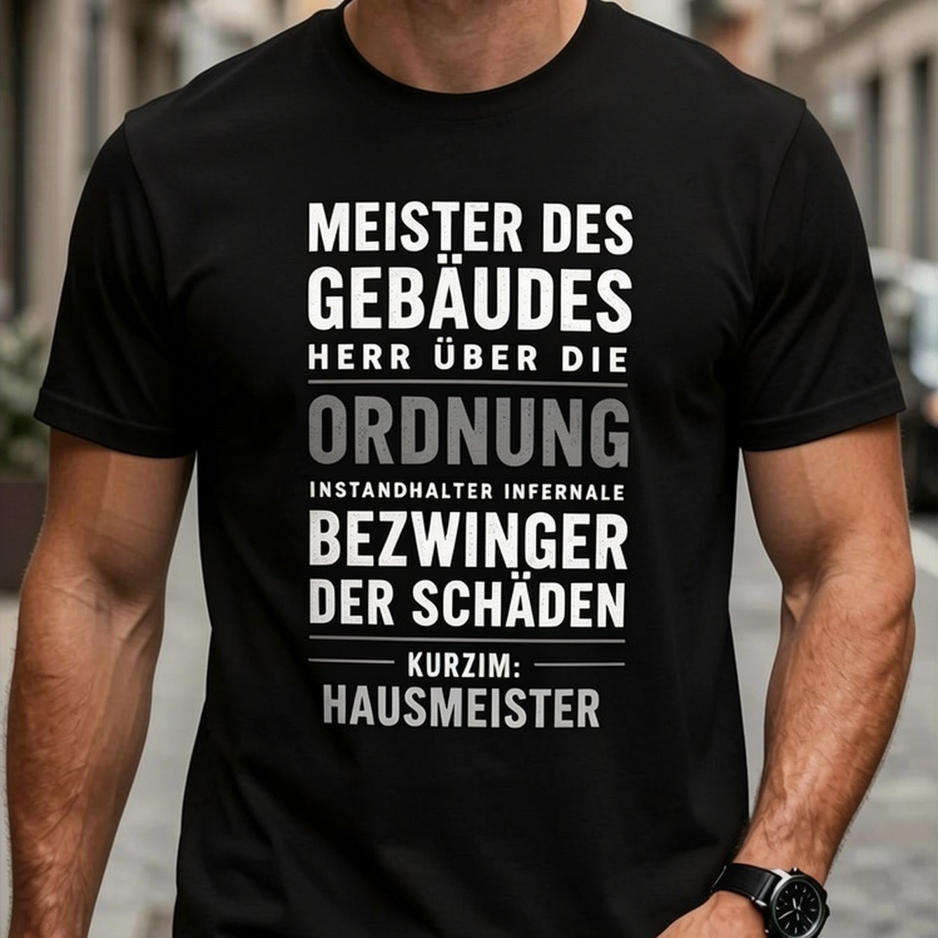 Image of Men' Caretaker T-shirt - Black Geometric Tee With German Text Design, Machine Washable Regular Fit Short Sleeve, Ideal Gift Workers & Managers, Apparel