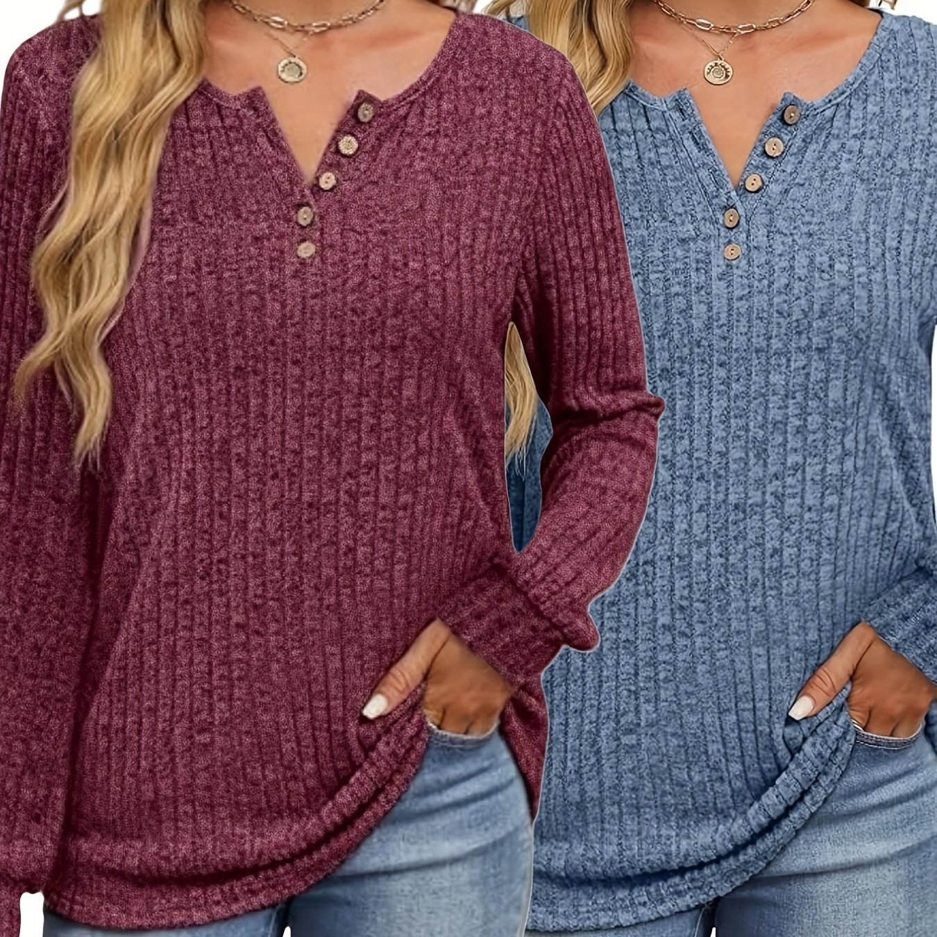 Image of A Set Of 2 Comfortable Ribbed V-neck T-shirts - Soft Long-sleeve Tops Suitable For Spring And Autumn, Featuring Casual Women's Style With A Button-front Design