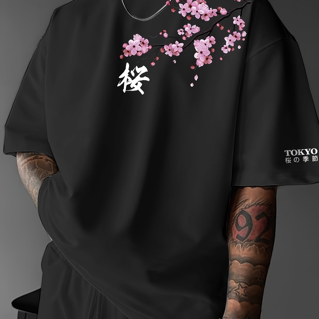 TEMU Cherry , Japanese Element, Men's Fashion Print Street Casual Short Sleeve T-shirt, Spring Summer Top Comfortable Round Neck T-shirt