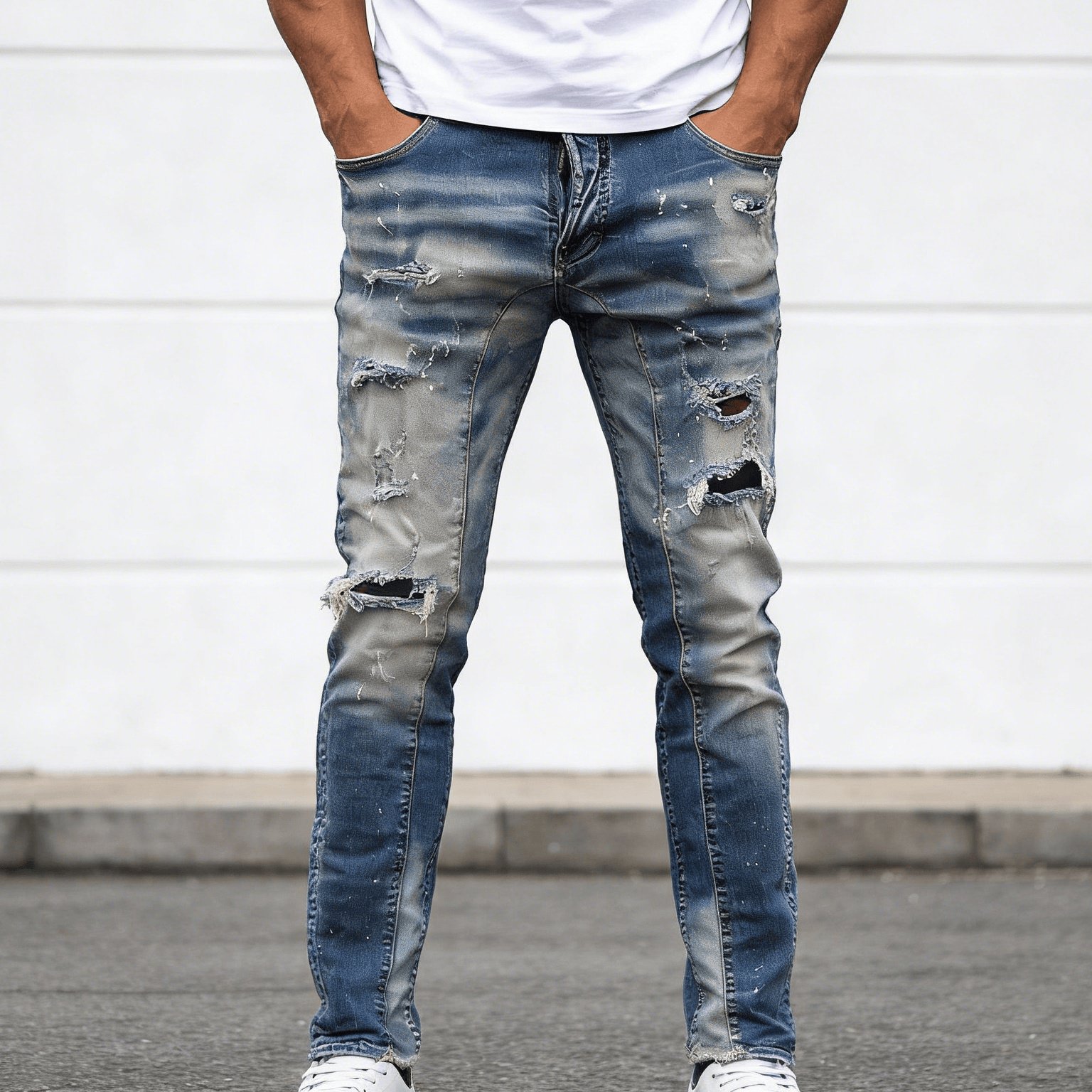 Image of Hme-298 Men's Gradient Distressed Large Ripped Slim Jeans High-street Skinny Casual Pants Streetwear Retro Unique Denim Trousers