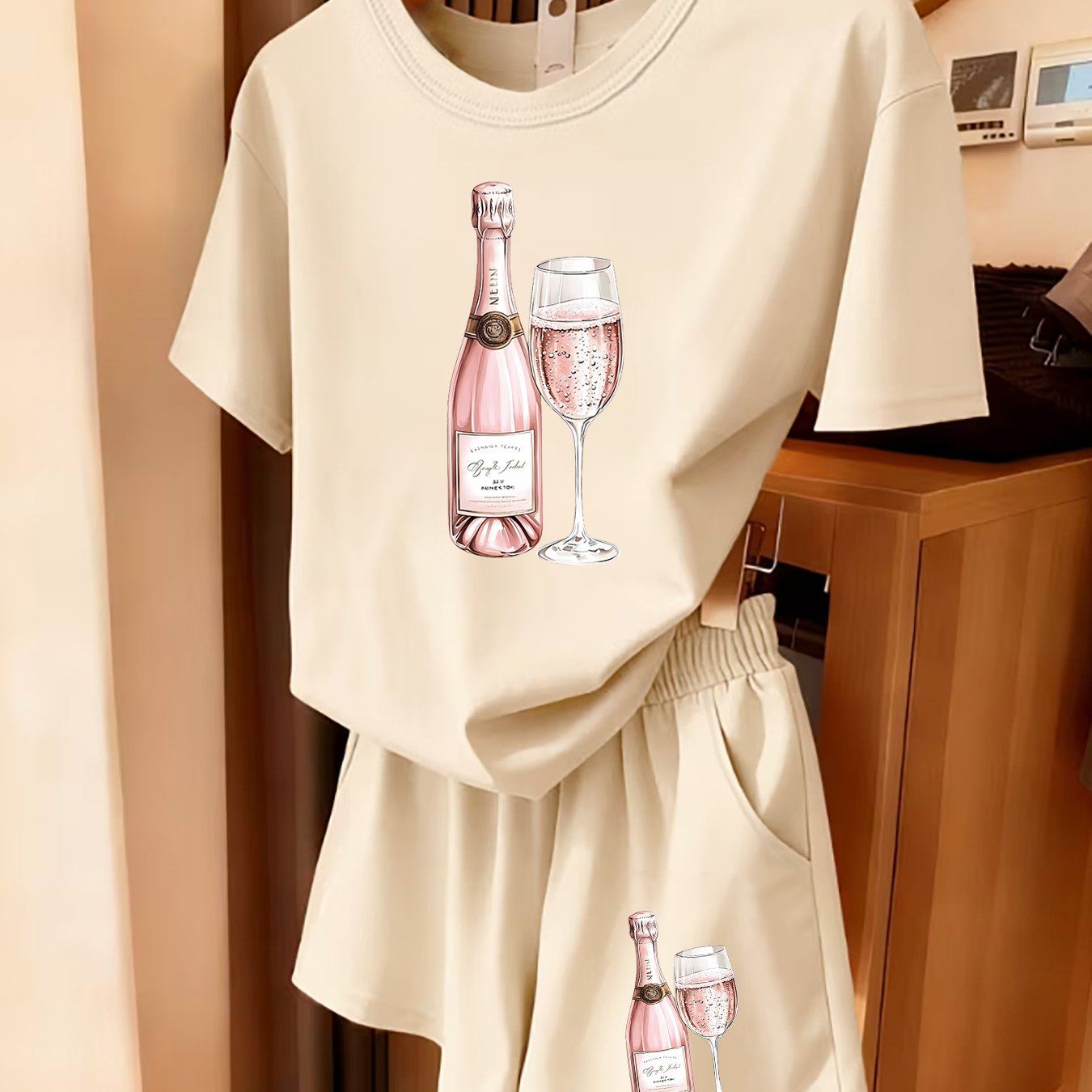TEMU 2pcs Women's Spring Short Sleeve Set - Pink Champagne , Fun Patterned Short Sleeve And Shorts Set, Comfortable, Soft, Breathable Sportswear For
