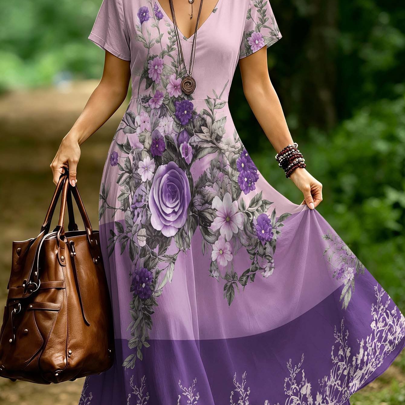 Image of Plus Size - Women's Printed Dress V-neck Loose Casual Long Skirt