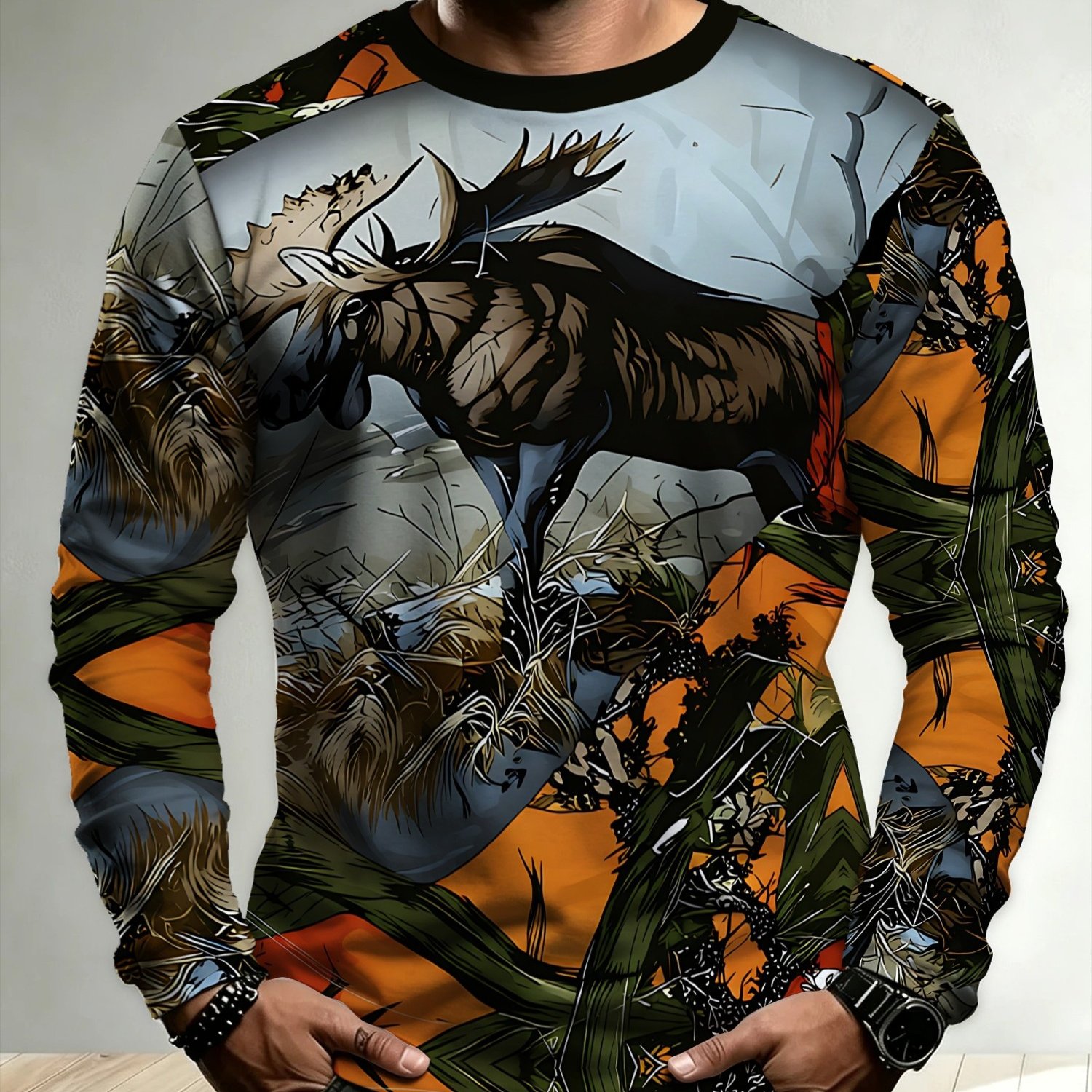 TEMU Men's Long-sleeve T-shirt With A Moose Print, Featuring An For Comfortable Wear. Suitable For Daily Wear, , And Other Occasions, It Adds A