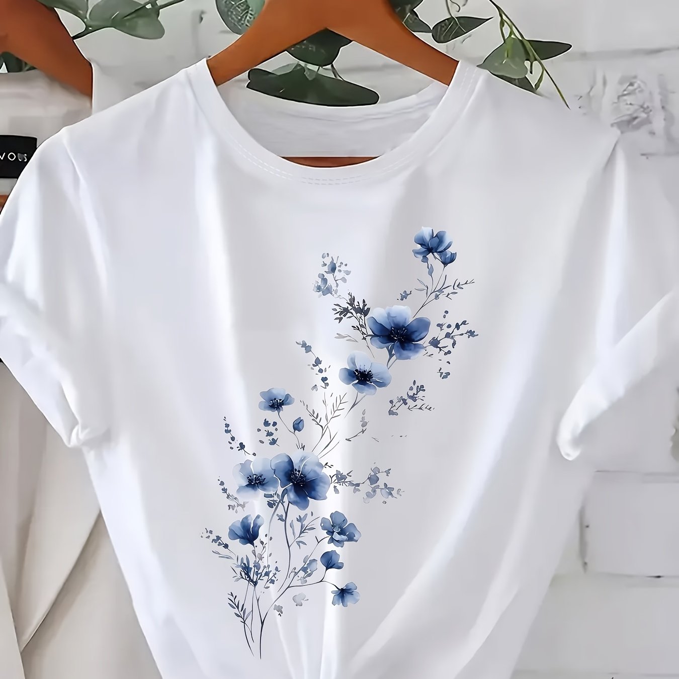 Plus Size - Plus Size - Floral Print T-shirt - Blue , Trendy Plus-size Women's Clothing