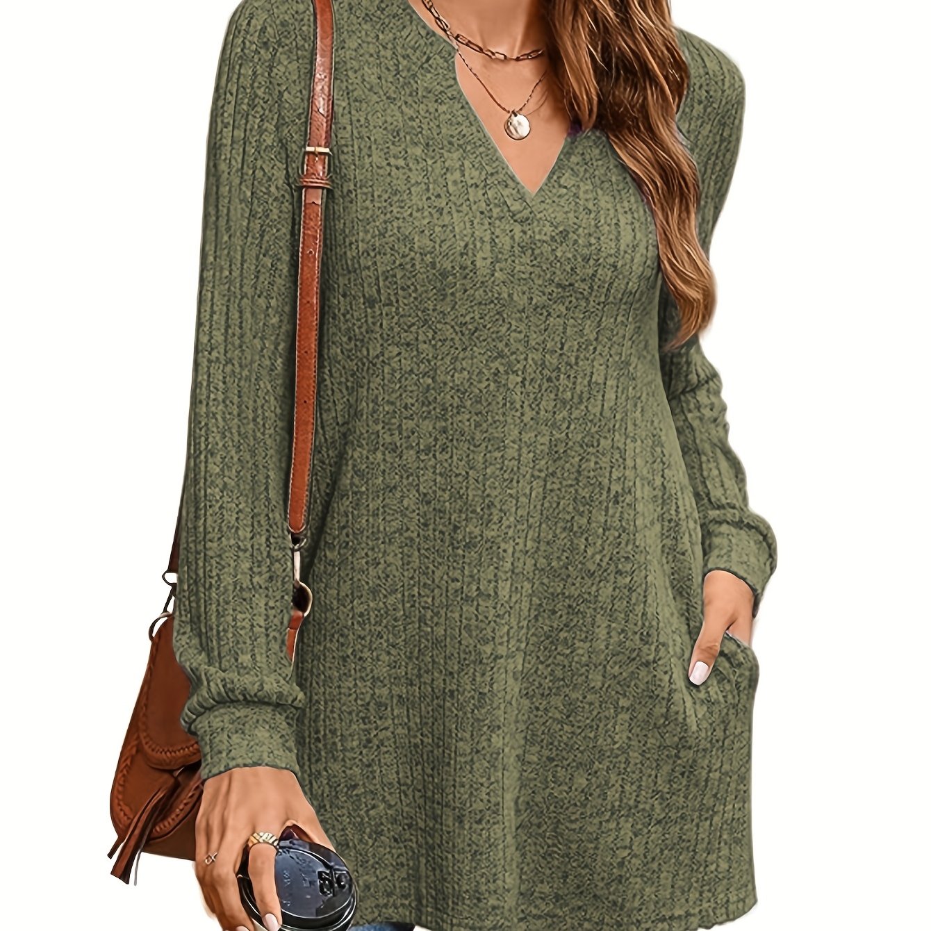 Plus Size - Plus Size - Plus Size Women's Casual Sweater, Long Sleeve Solid Color Side Slit Loose V-neck Top With Pockets