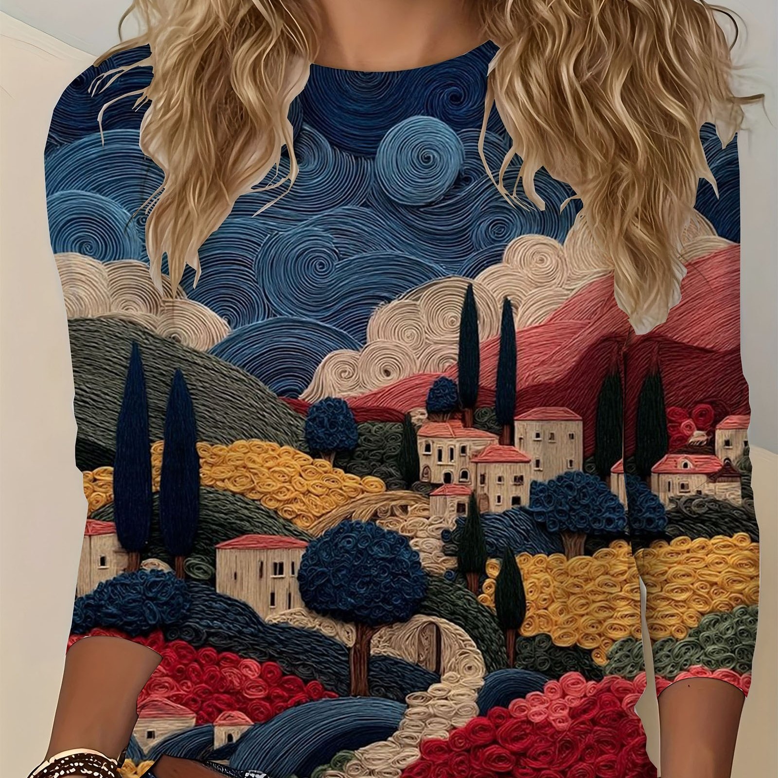TEMU [printed Design - No Texture] Women's Fashion Oil Painting Print Sweatshirt, Mountain Countryside , Women's Autumn Top, Women's Western Retro