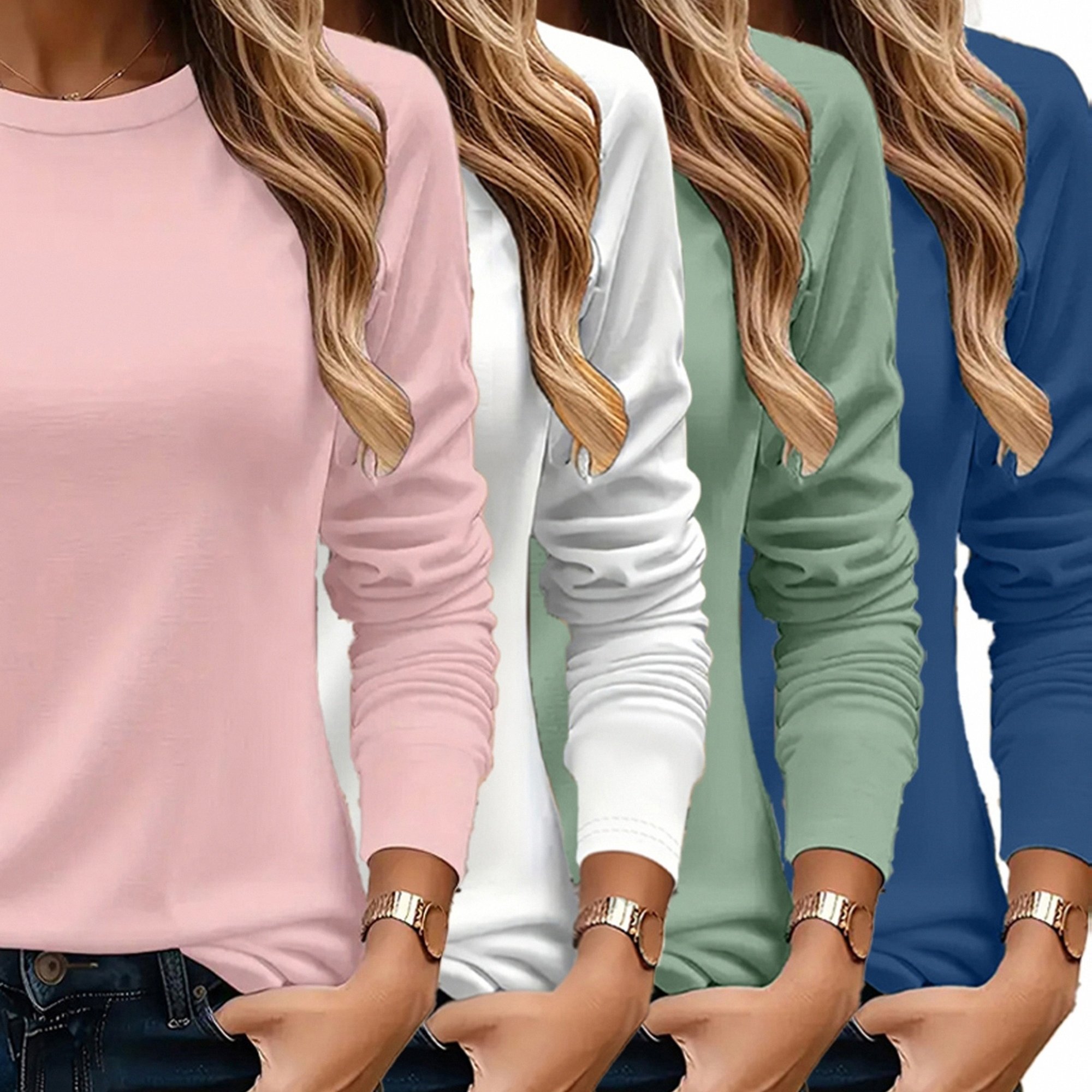 TEMU 4pcs Spring/autumn New Style Solid Color Unprinted Crew Neck Long Sleeve Loose Fit Casual Women's Top Base Tee, Machine Washable - Suitable For