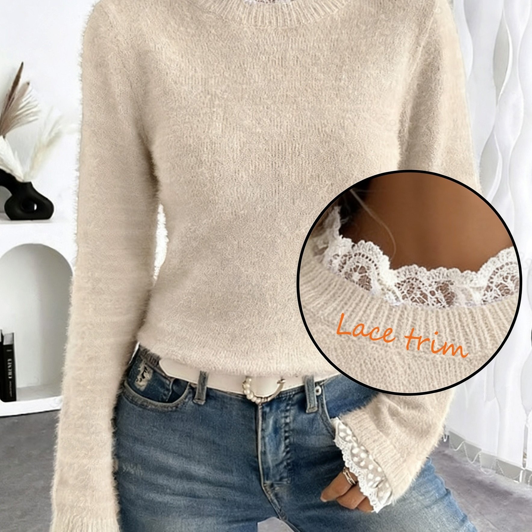 E-shop Herbst/Winter Neue Damen Rundhals Langarm Spitzenbesatz Kunstmink Pullover, Uni-Farben Warmes Alltags-Vielseitiges Spitzen-Elegantes Basis-Layer