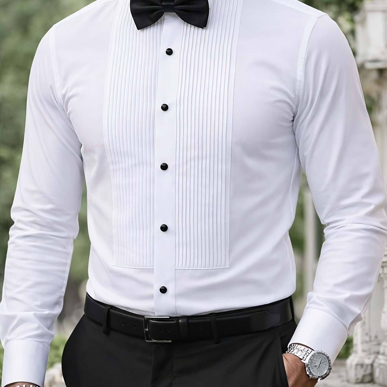 TEMU 2026 's Formal Shirt, Business Dress Shirt, Complimentary Elegant Black Bow Tie, Premium Rhinestone Button Accents, Wrinkle-free Material, Ideal