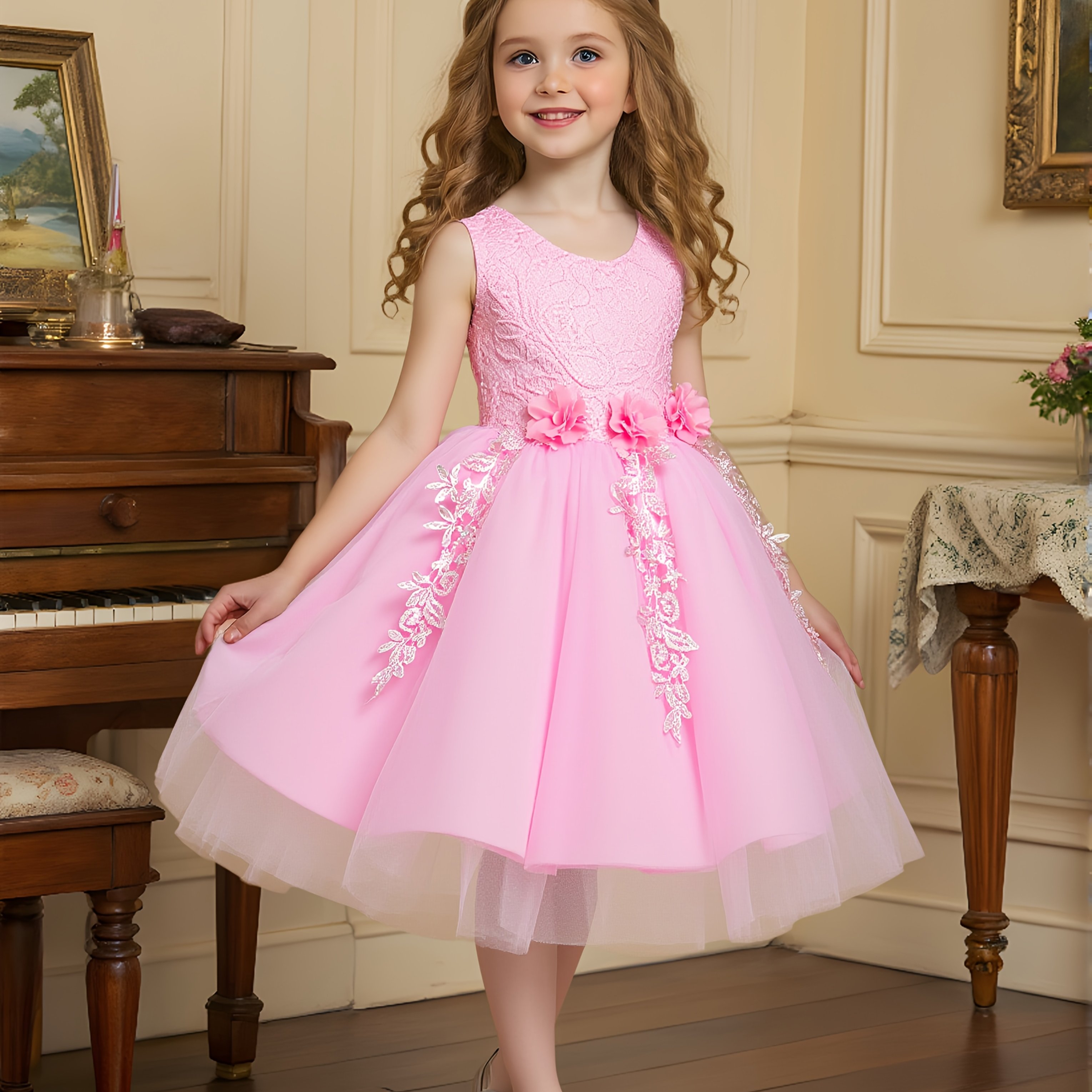 Image of Girl's Princess Dress Summer Outfit, Stylish Pink Dress For Little Girls, Children's Ballet Birthday Party Performance Gown