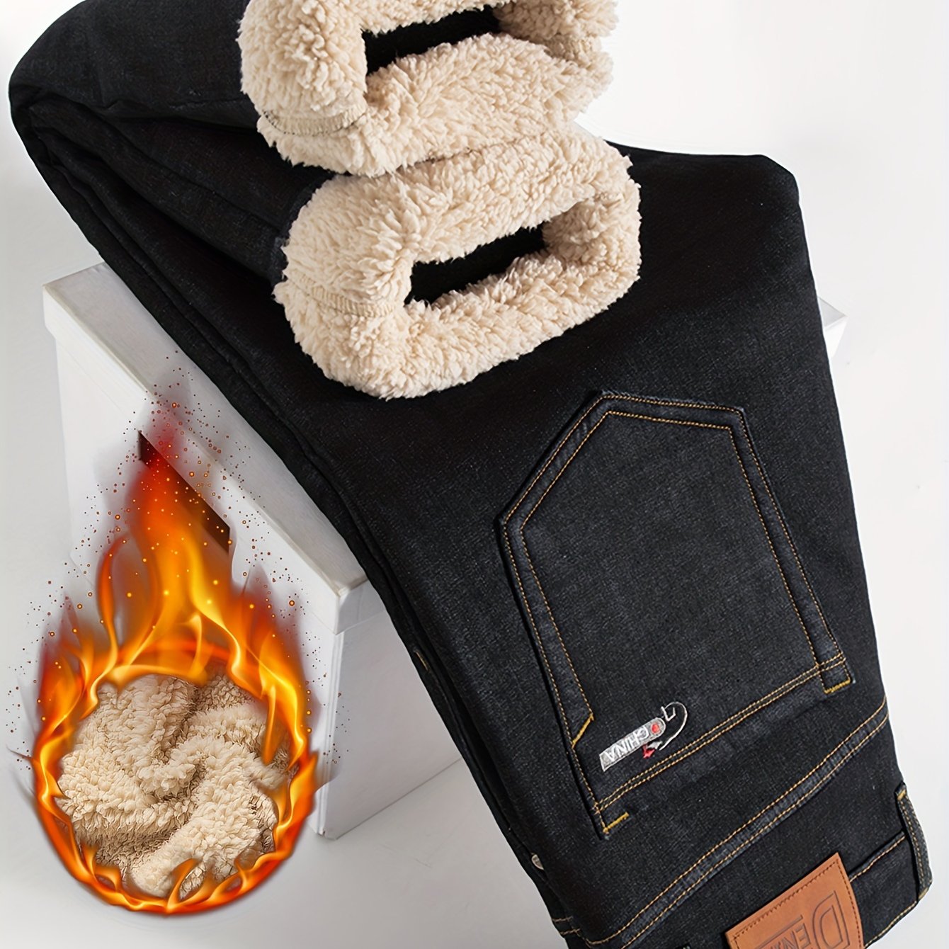 Men's Stylish Comfy Solid Fleece Denim Trousers Pockets - Temu