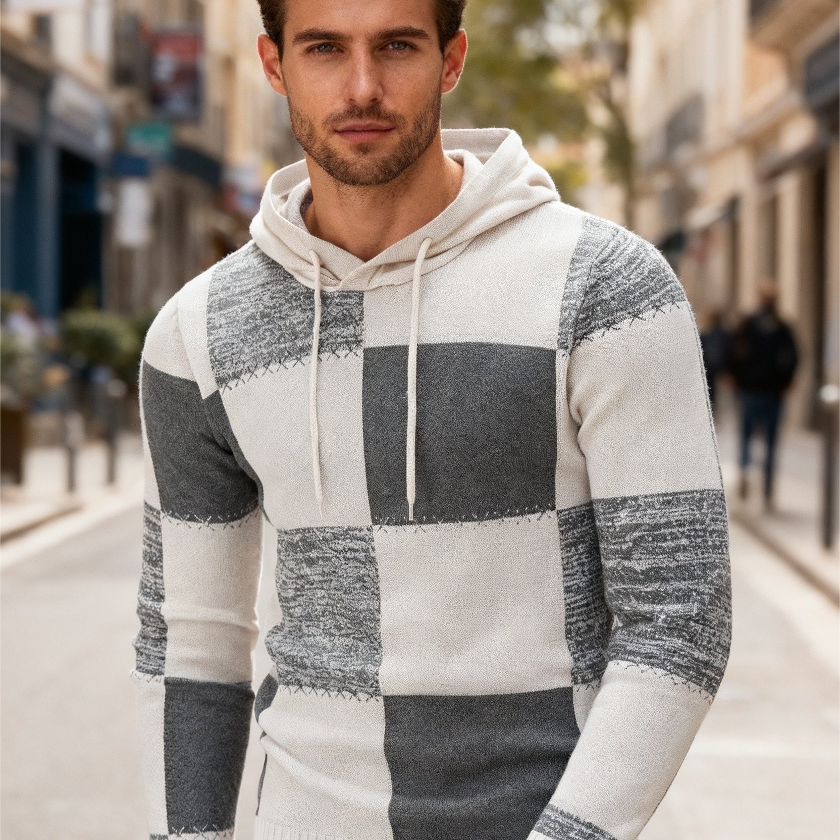 A Stylish Knitted Hoodie For Men, Featuring A Solid Color With A Color- Plaid Pattern, Perfect For Autumn And Winter. This Trendy Pullover Is Fashionable And Versatile For Casual Wear