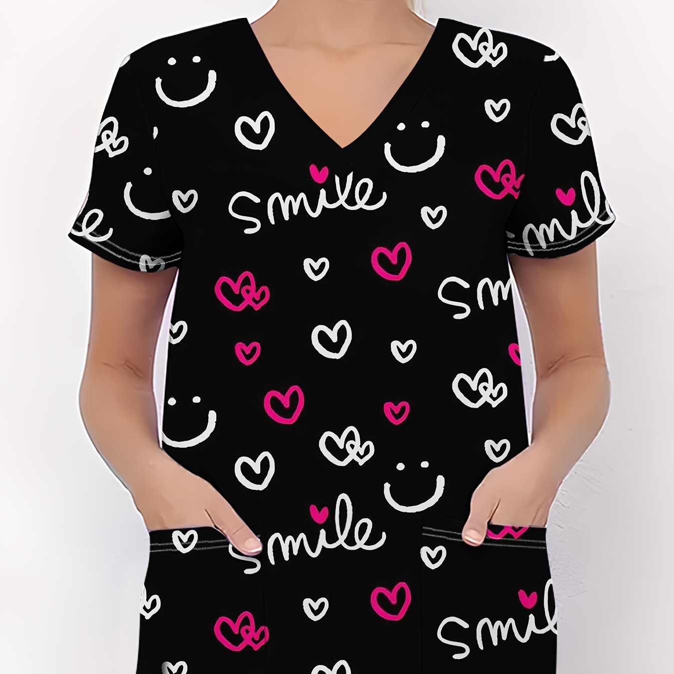 TEMU Women's V-neck Nurse Uniform, Short-sleeve T-shirt With Heart, Smile, And Letter Print, Functional Women's T-shirt, Women' Pocket Top
