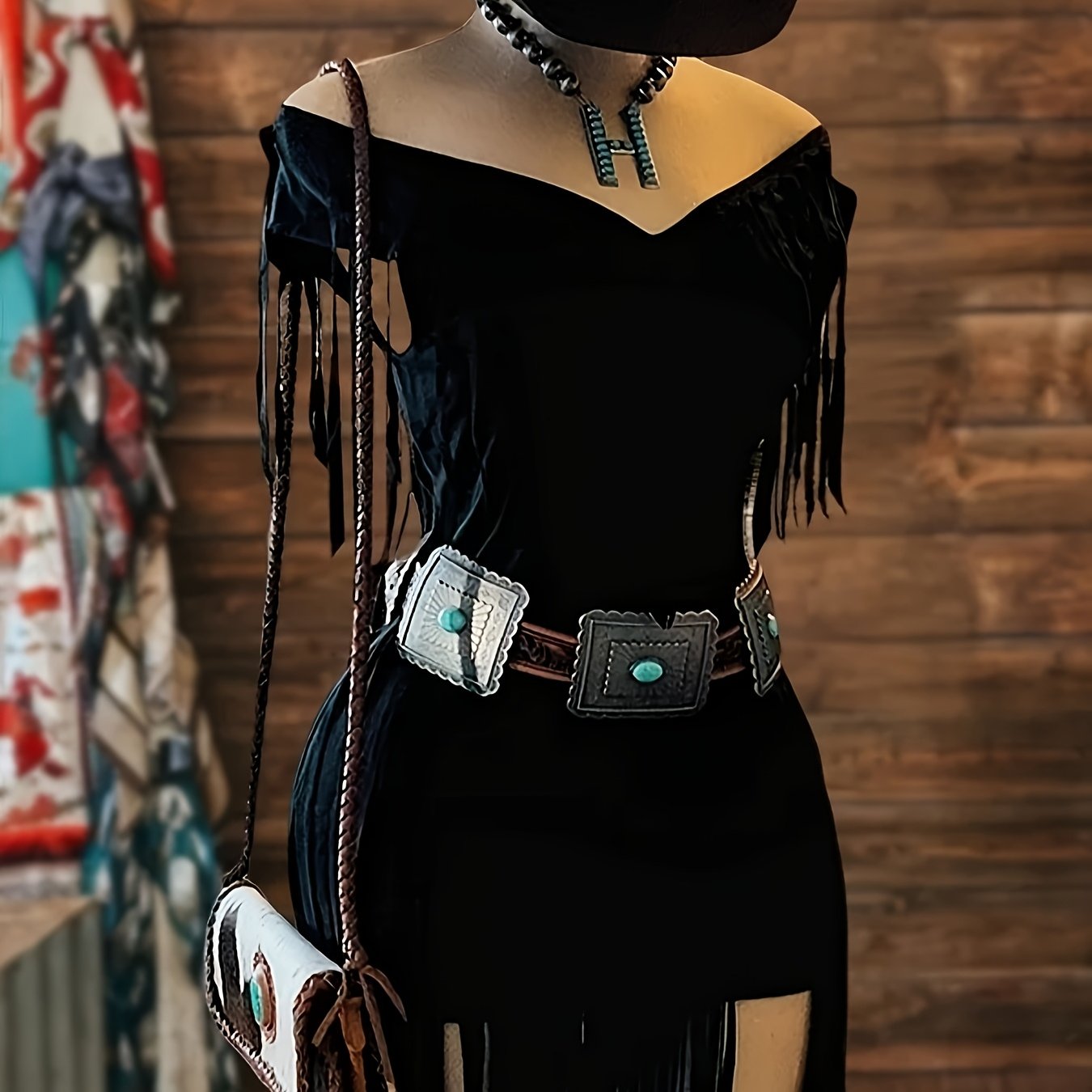 TEMU 1pc Off-the-shoulder Fringe Waist-cinching Irregular Hem Dress, Western Cowboy Style, Versatile Dress For Vacation/party, Belt Not Included
