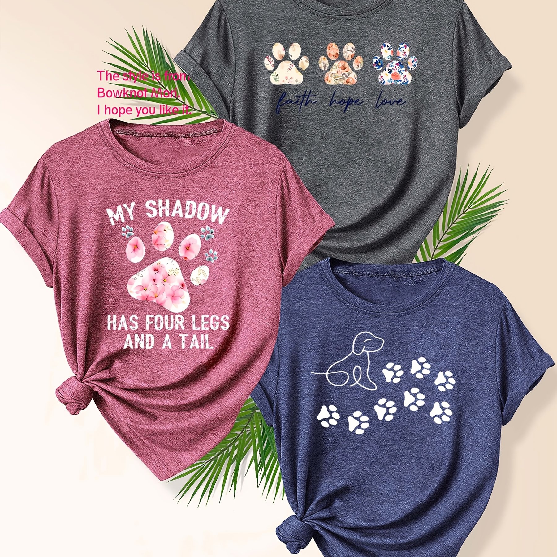 TEMU Minimalist Letter And Floral Animal Paw Printed Three-piece Set Combination Family Outfit Friend Outfit Sister Outfit Printed Fashionable Retro