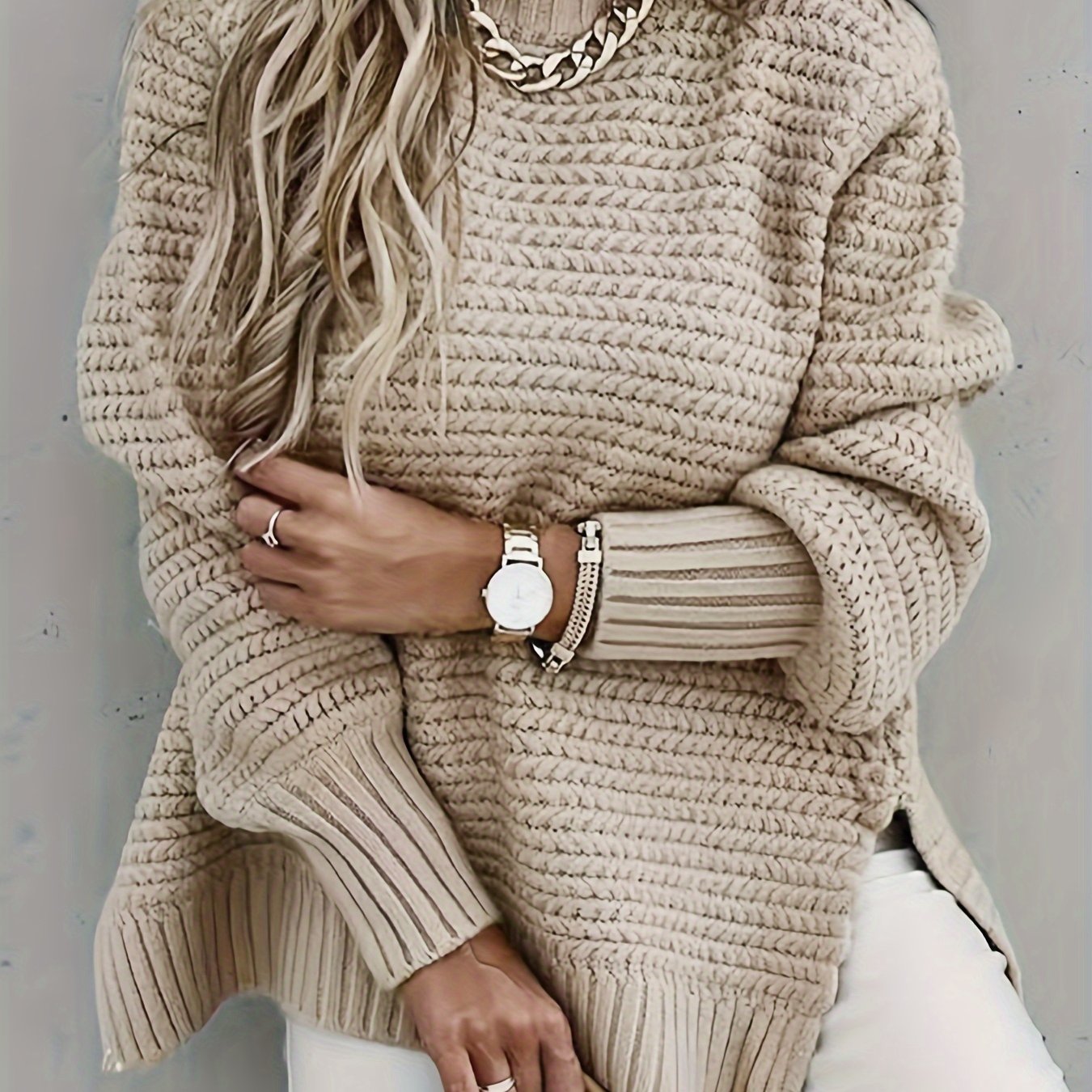 Women's Long Sleeve Round Neck Slit Pullover Loose Sweater For Spring, Autumn, And Winter