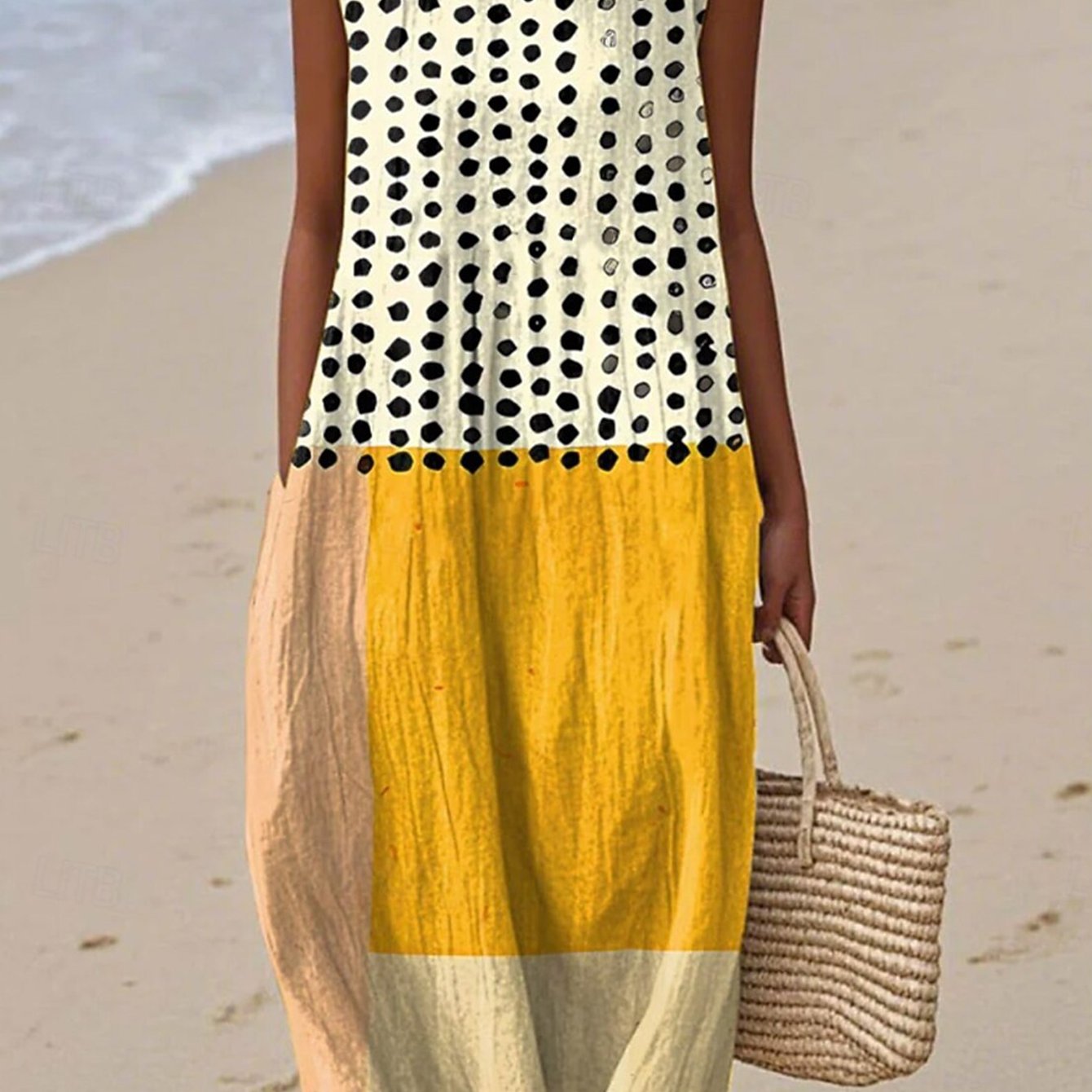 Image of Plus Size, Plus-size Women's Round Neck Sleeveless Loose-fitting Dress, Summer Polka Dot Color- Print Mid-length A-line Skirt, Casual Beach Dress, And Versatile, Casual Wear.