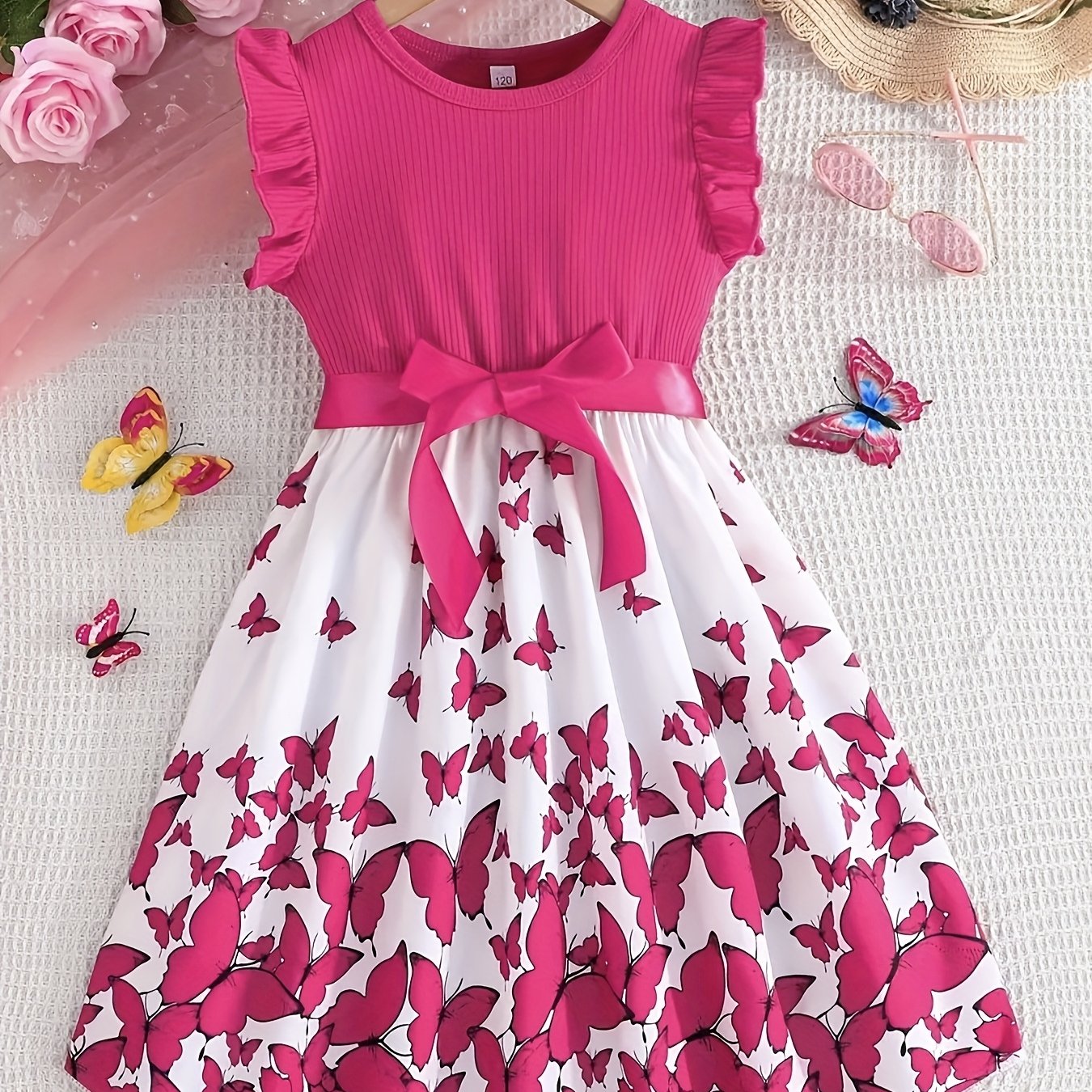 Girl's Romantic Pattern Round Neck Ruffle Sleeve Dress With Belt, A As A Gift, For Daily Wear Or Festive Occasions