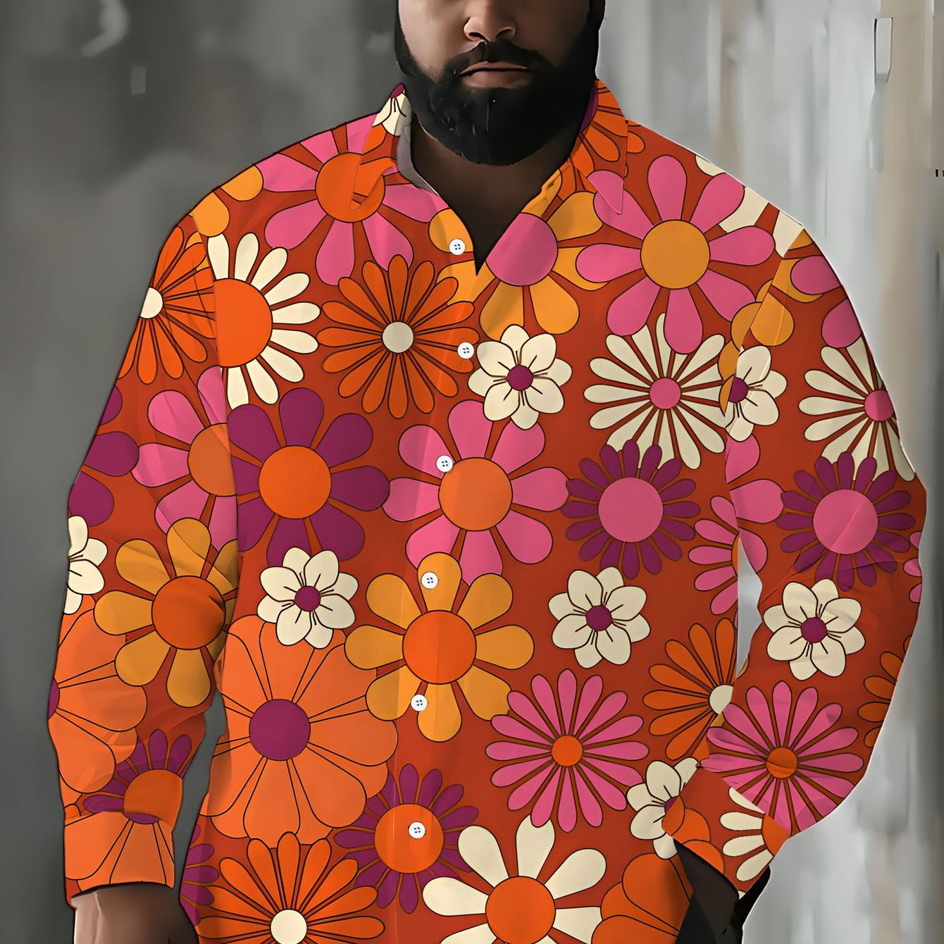 TEMU Men's Casual Shirt, Plus Size Long Sleeve Shirt With , Orange Pink Purple Flowers, Colorful Floral Pattern, With Flat Floral Elements,