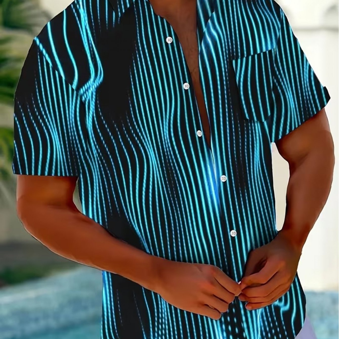 TEMU Chemise décontractée pour homme, à manches courtes, à boutonnage, avec poche et imprimé à rayures artistiques Aurore
