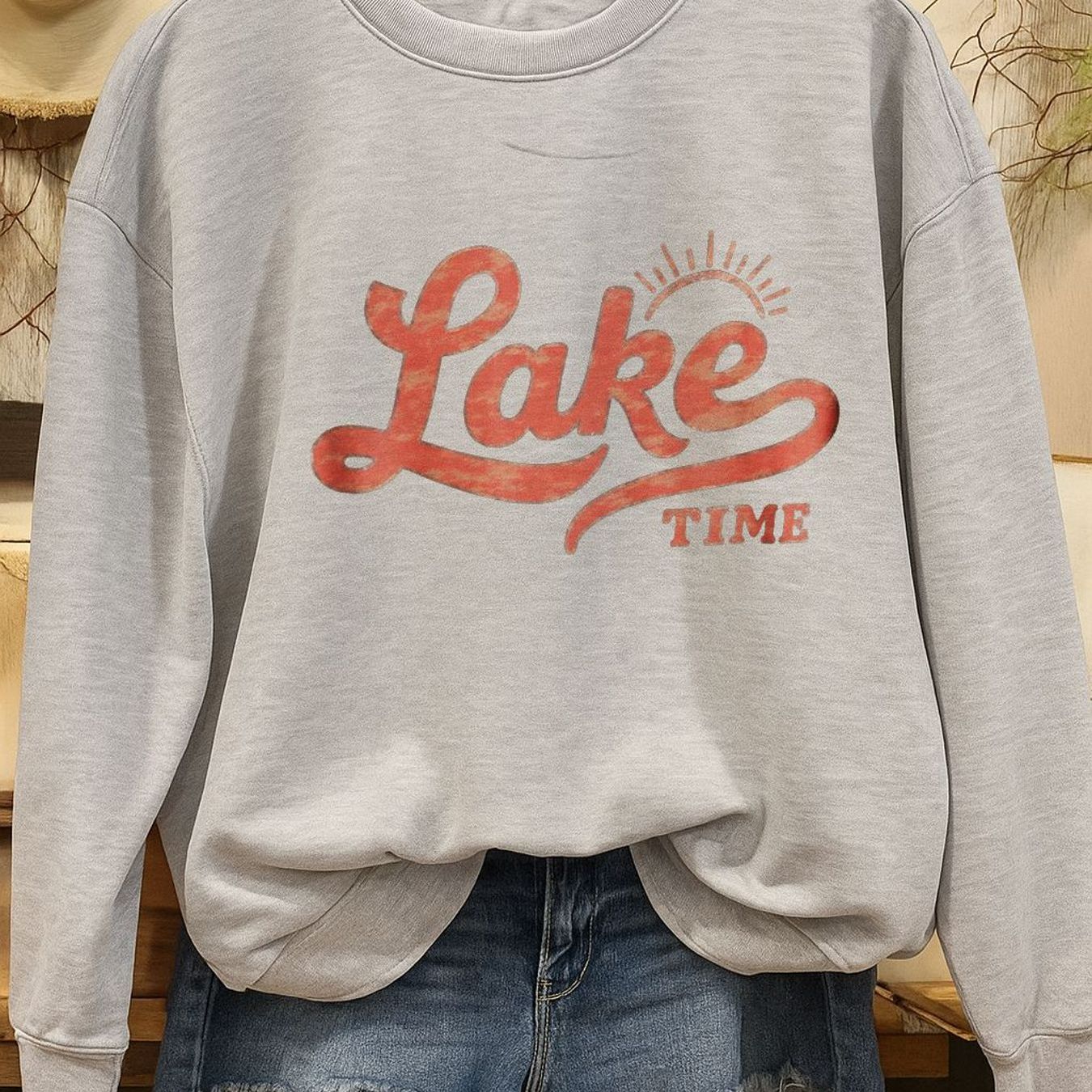 TEMU Lake Time Retro Vintage Sun Graphic Summer Vibes T-shirt - & White Outline, Textured Faded Look, Relaxed Casual Tee For &