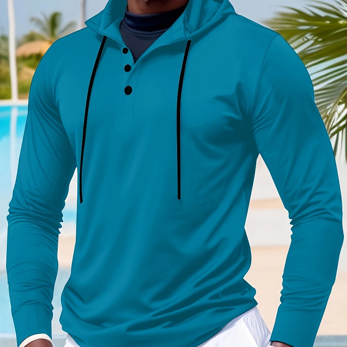 Solid Color Men's Fashion Hooded Long Sleeve Henley Shirt - Temu