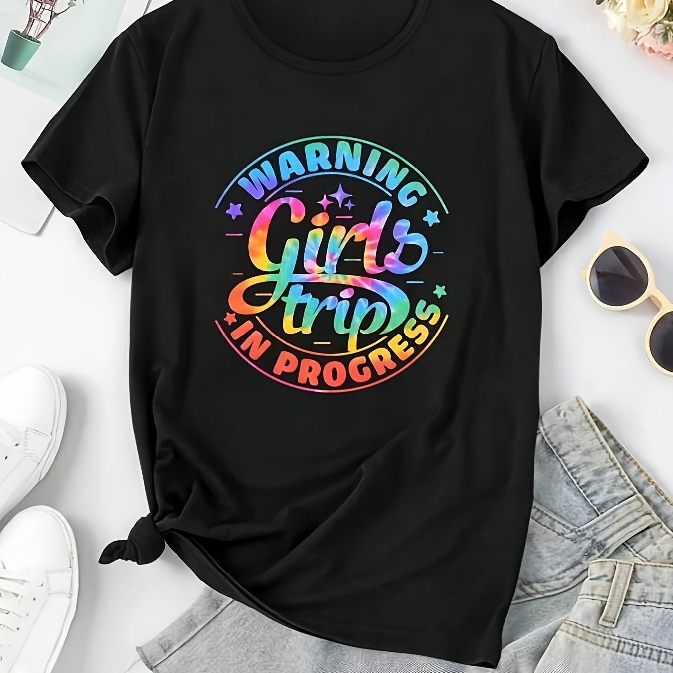 TEMU T-shirt Graphique "Girl's Trip" pour Femme, T-shirt Décontracté à Col Ras du Cou avec Imprimé Lettres Colorées, Manches Courtes, Noir, Parfait