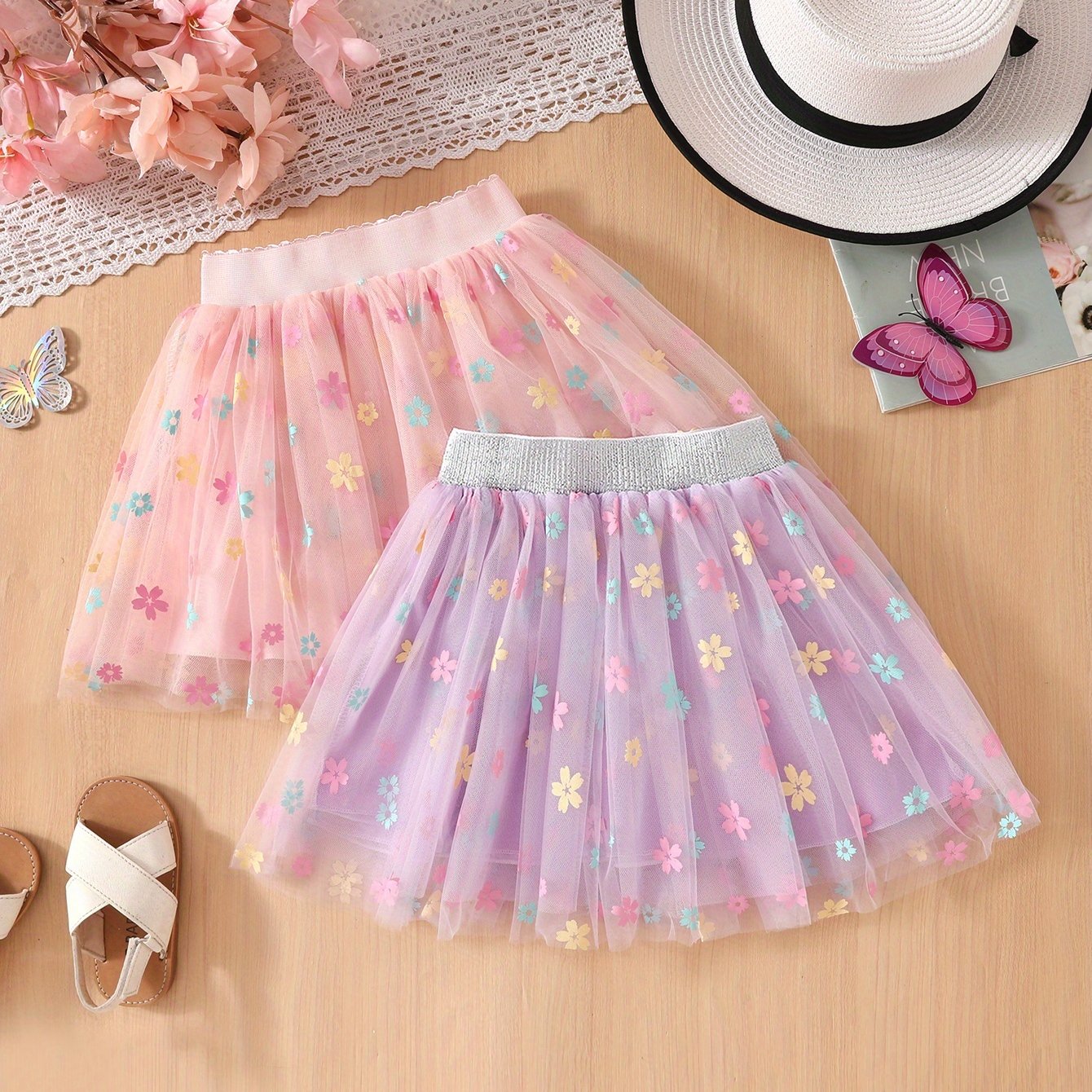 Image of Two-pack Girls' Sunflower Print Versatile Skirt, Stylish Children's Fluffy Skirt, Girls' Short Skirt, Festive Birthday Pleated Tulle Party Dress