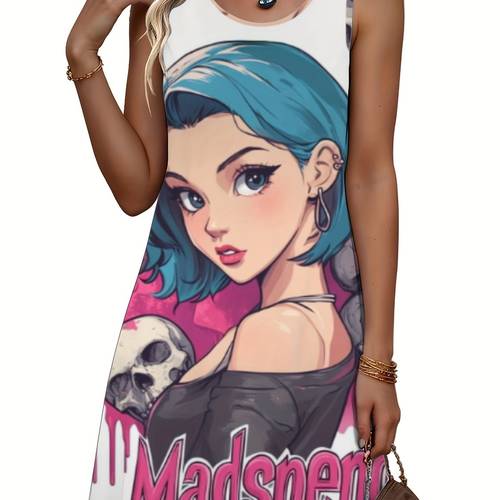 womens casual sleeveless dress with graphic print soft breathable length dress round neck machine washable for casual attire