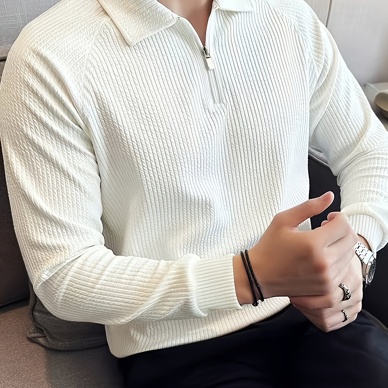 E-shop Herren Strickpullover mit halbem Reißverschluss und Kragen, weißes, strukturiertes Oberteil, lässiges Business Langarm Poloshirt