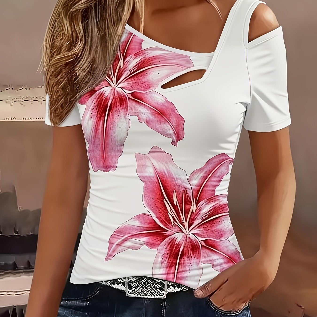 E-shop Kurzarm-Top mit geradem Kragen und Blumenmuster, modisches Damen-Freizeit-T-Shirt