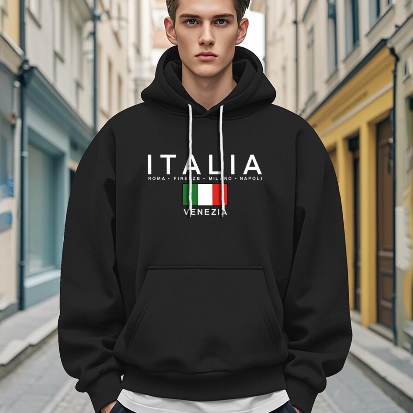 TEMU Men's Casual Italia Letter Print Hoodie Graphic Pullover Sweatshirt Polyester Knit Fabric Regular Fit Hooded Top With Stretch For Fall/winter