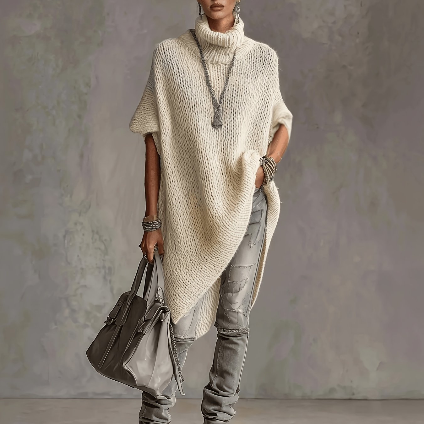 TEMU [asd1] Casual Elegant Women's Wear, Solid Color High Neck Asymmetrical Pullover Sweater, Suitable For Autumn Winter , Wear, Shopping And Parties