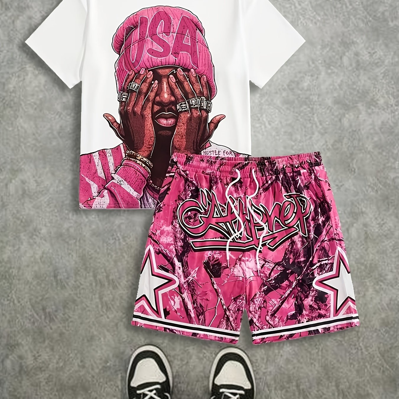 TEMU Men' Casual Printed T-shirt And Shorts Set