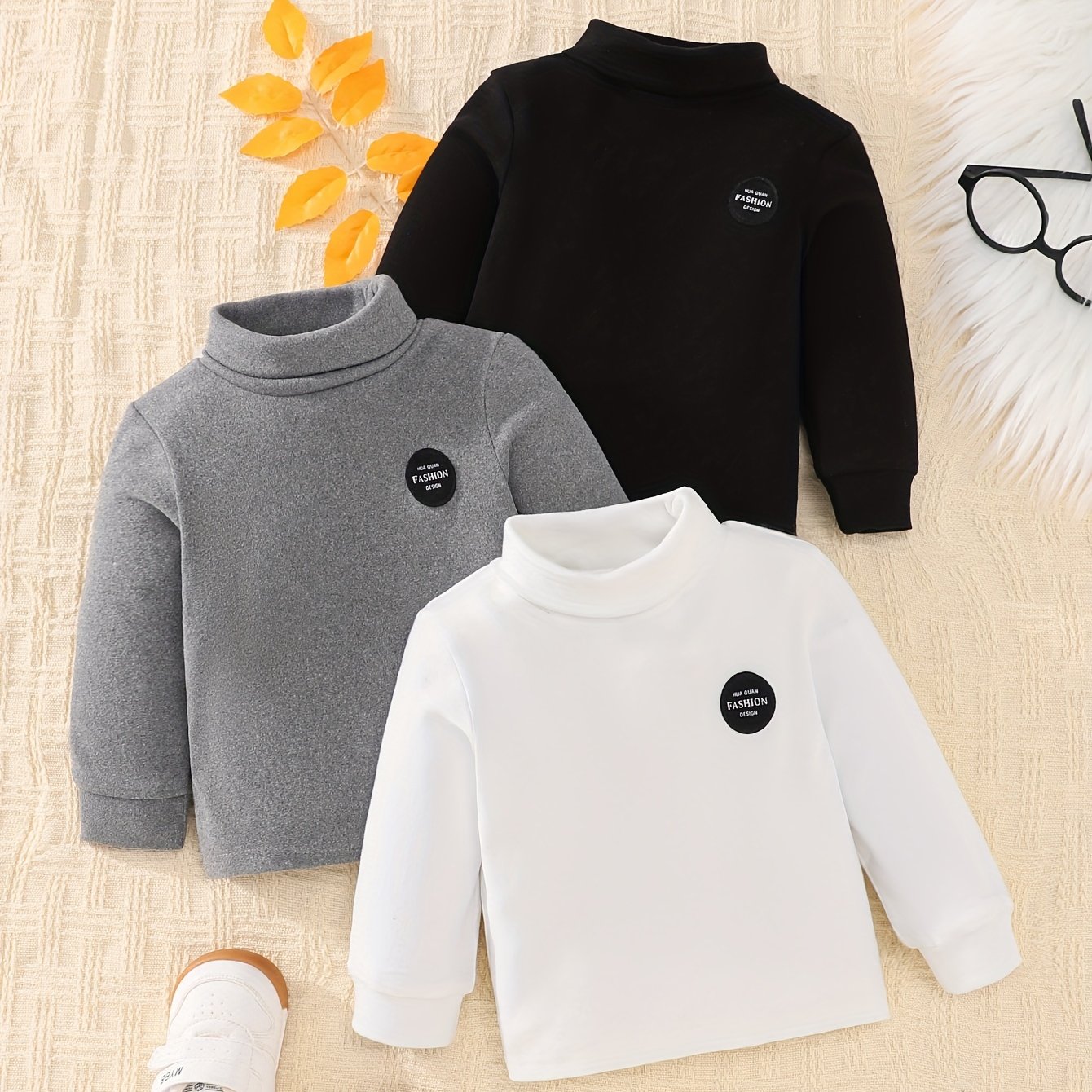 Image of Boys' Autumn And Winter Fleece Simple High-neck Base Layer 3pcs For Outdoor Cold Protection Warm T-shirts