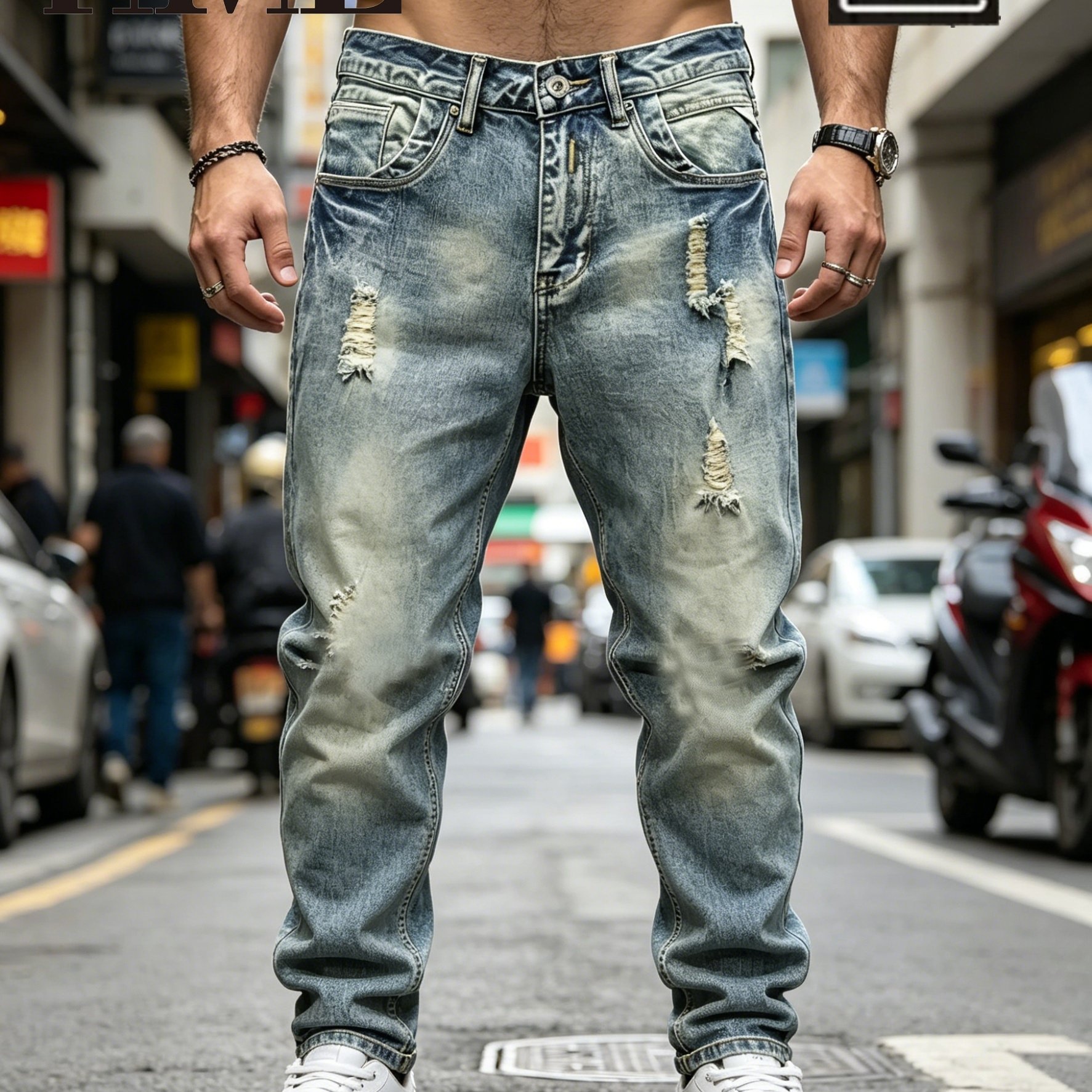 Image of Hmemen's Plus Size Vintage Washed Distressed Jeans, Light Blue Ripped Slim Straight Denim Pants, Casual Streetwear Frayed Trousers For Men, Plus Size