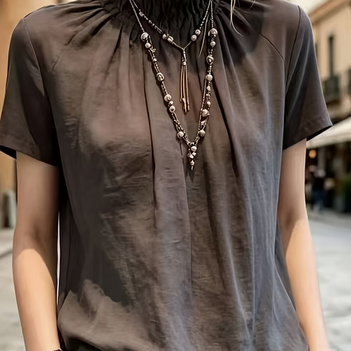 TEMU Spring Summer Korean Style Elastic Ruched Scalloped Collar Office Short Sleeve Blouse